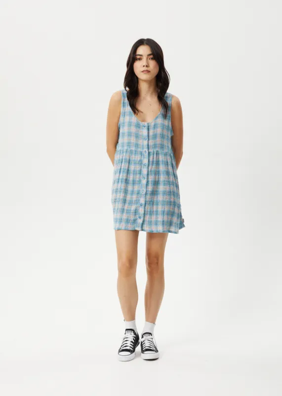 AFENDS Womens Position Jesse - Seer Sucker Check Dress - Lake Check sold by Afends