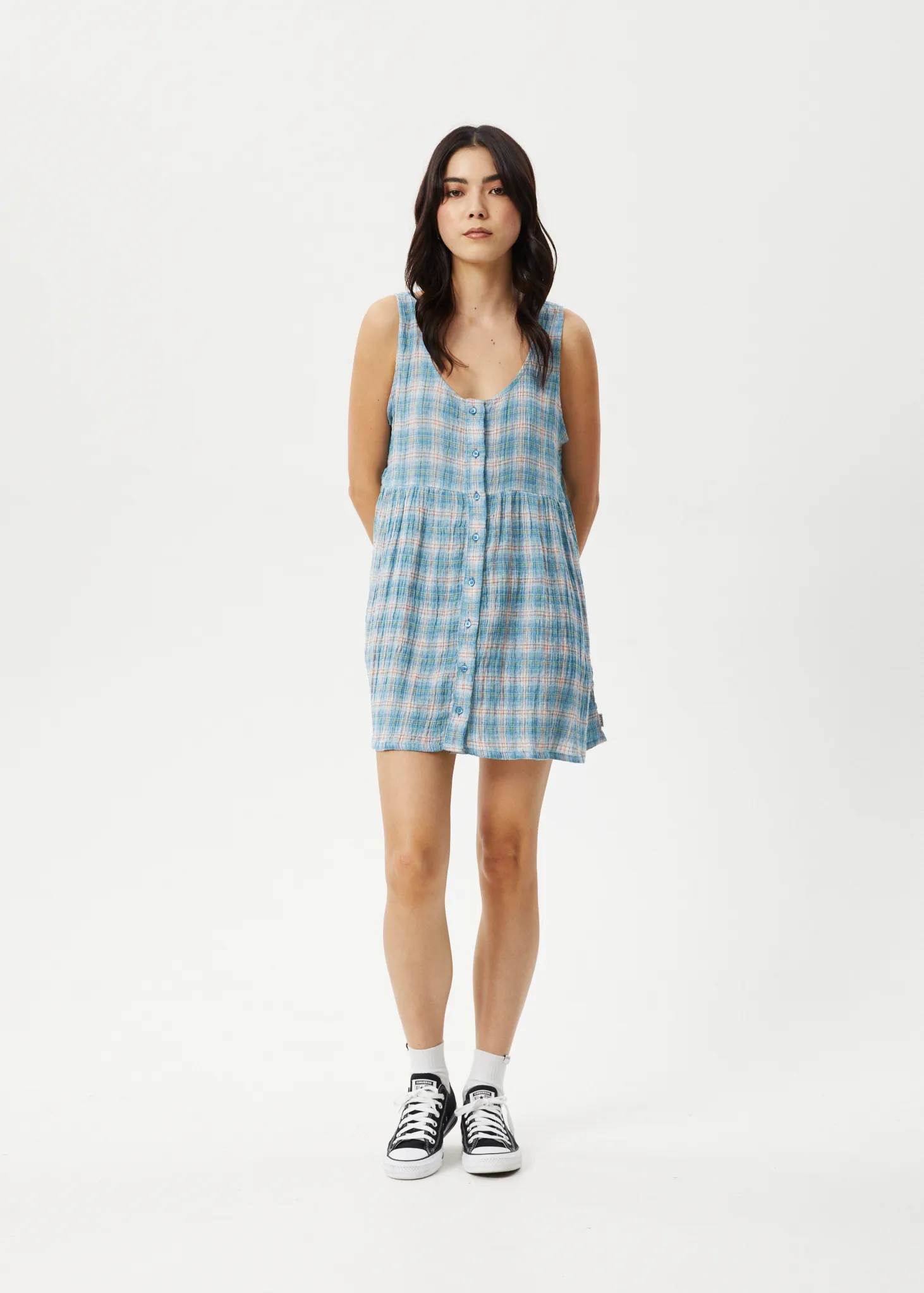 AFENDS Womens Position Jesse - Seer Sucker Check Dress - Lake Check sold by Afends