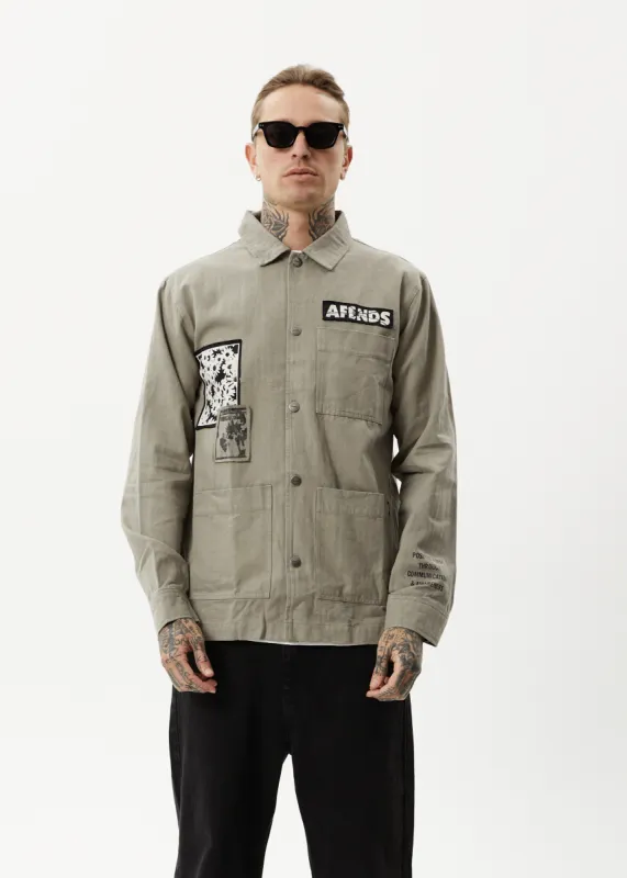 AFENDS Mens Late Start - Herringbone Work Jacket - Olive sold by Afends