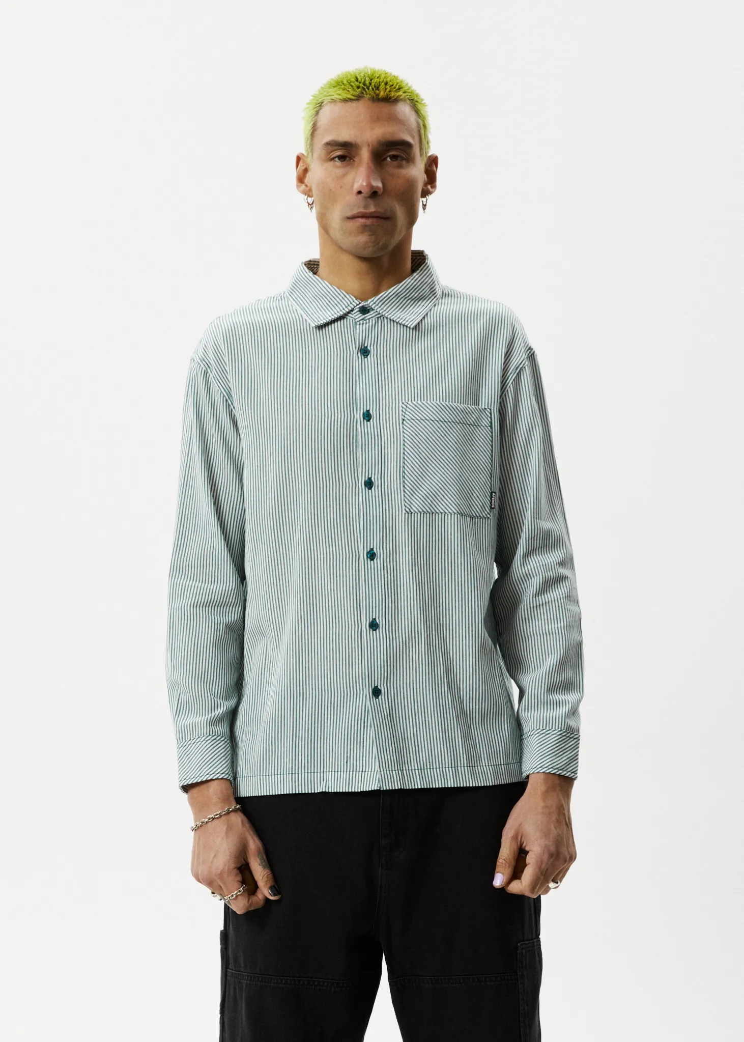 AFENDS Mens Intergalactic - Long Sleeve Shirt - Emerald Stripe sold by Afends product image thumbnail 3