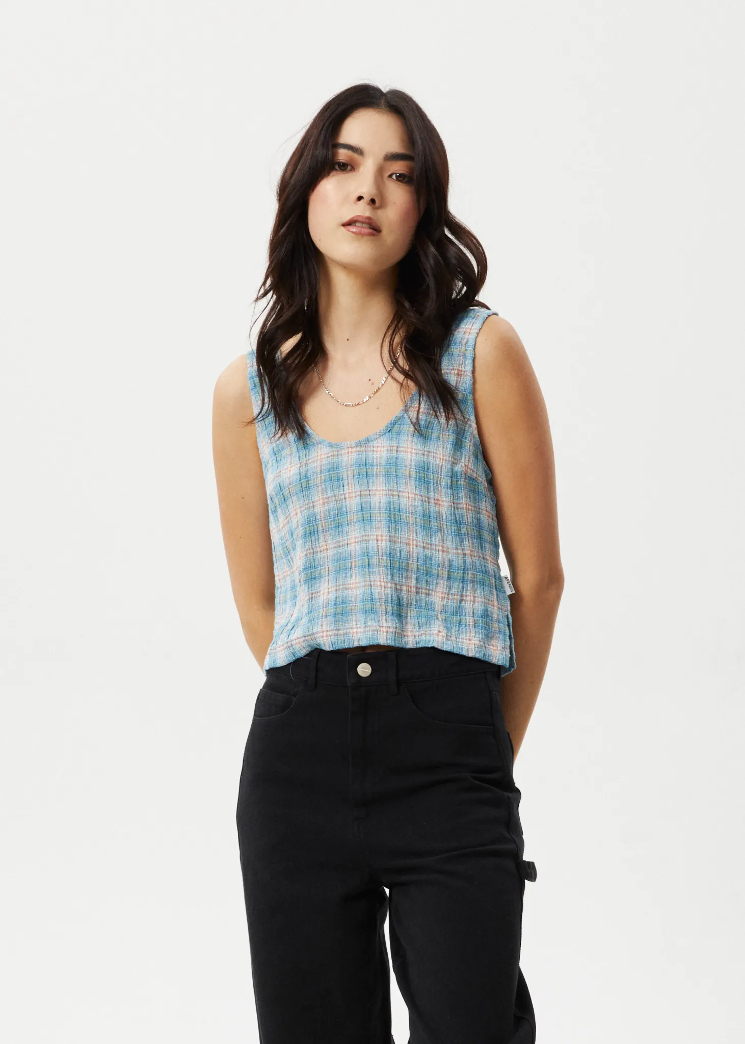 AFENDS Womens Position - Check Seersucker Tank - Lake Check sold by Afends