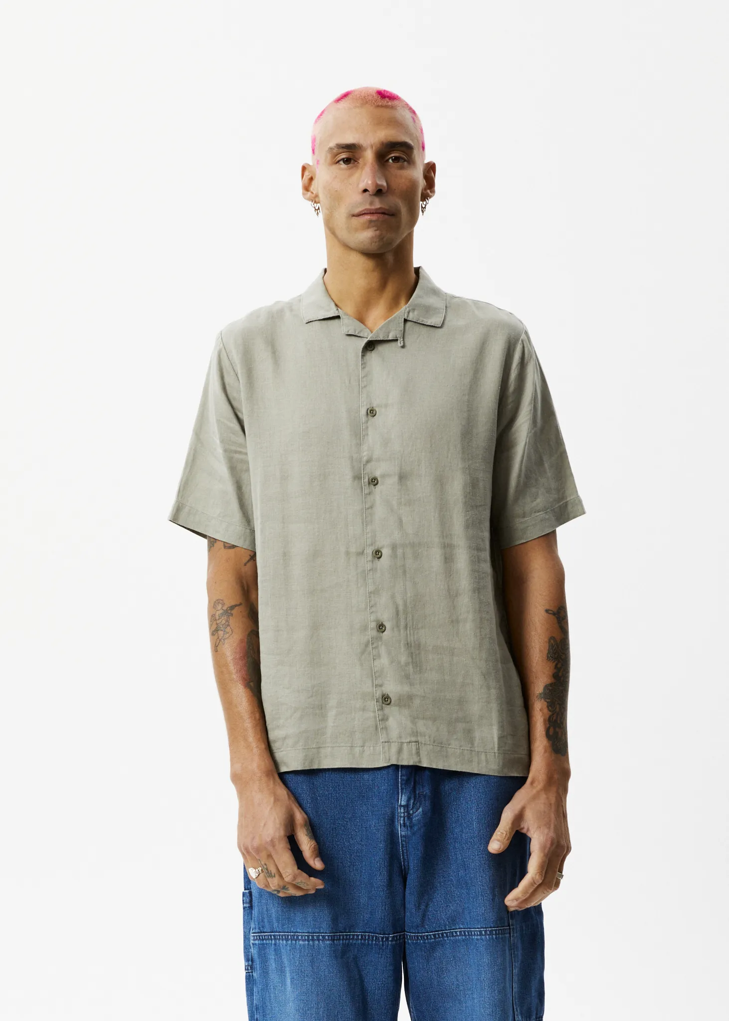 AFENDS Mens Daily - Cuban Shorts Sleeve Shirt - Olive sold by Afends