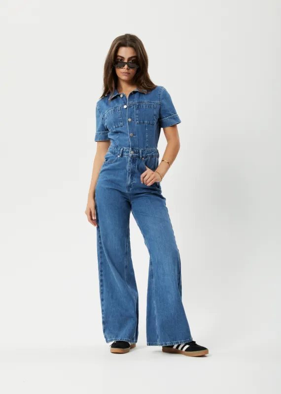 AFENDS Womens Miami - Denim Flared Jumpsuit - Authentic Blue sold by Afends