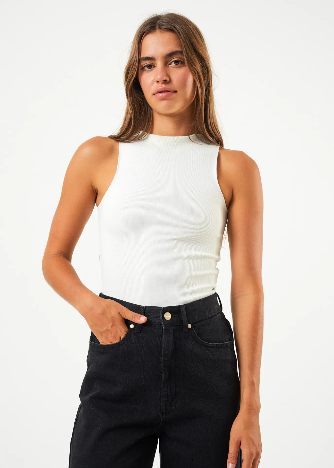 AFENDS Womens Peony - Hemp Ribbed High Neck Tank - Off White sold by Afends