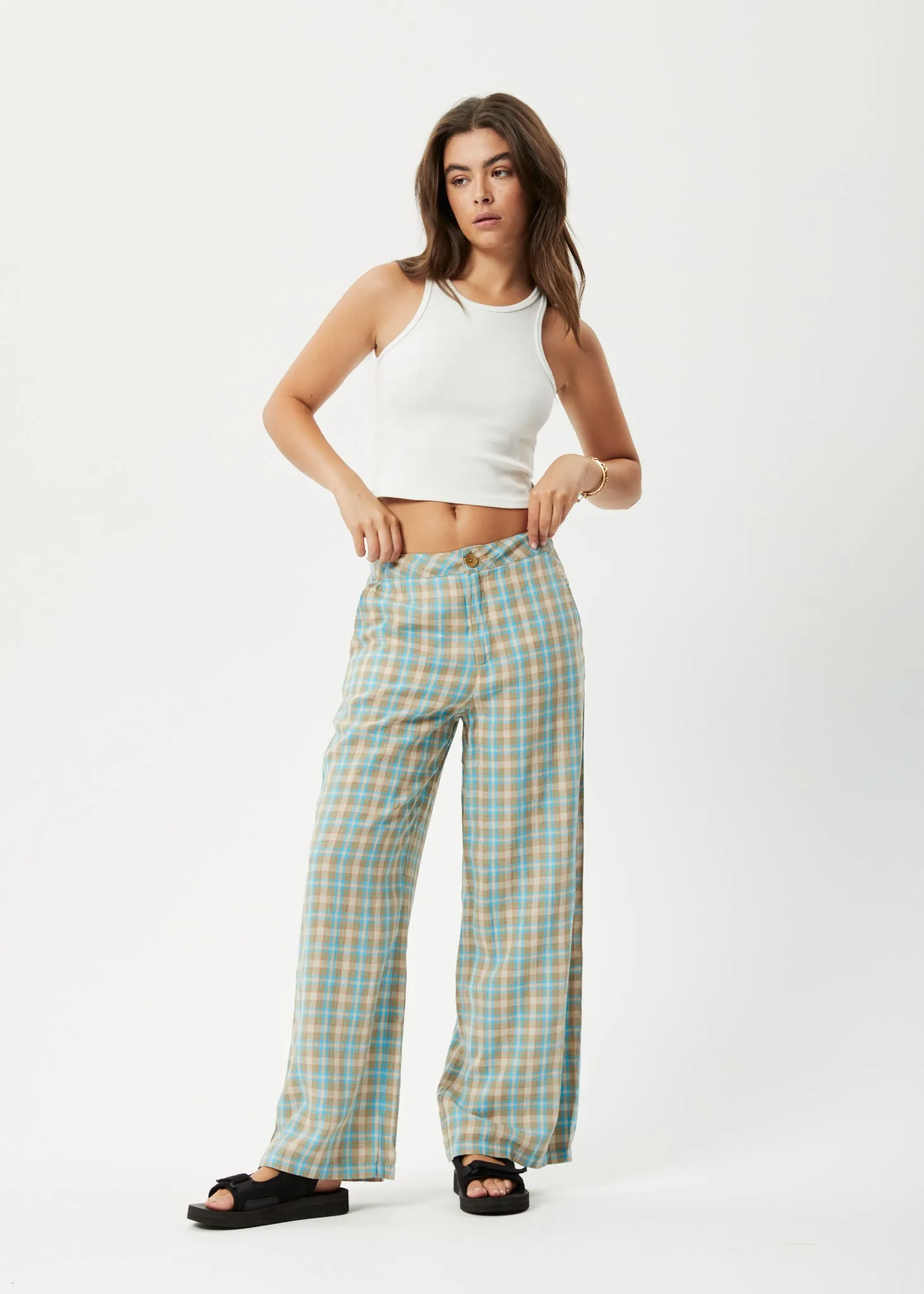 AFENDS Womens Millie Sienna - Wide Leg Pants - Tan Check sold by Afends