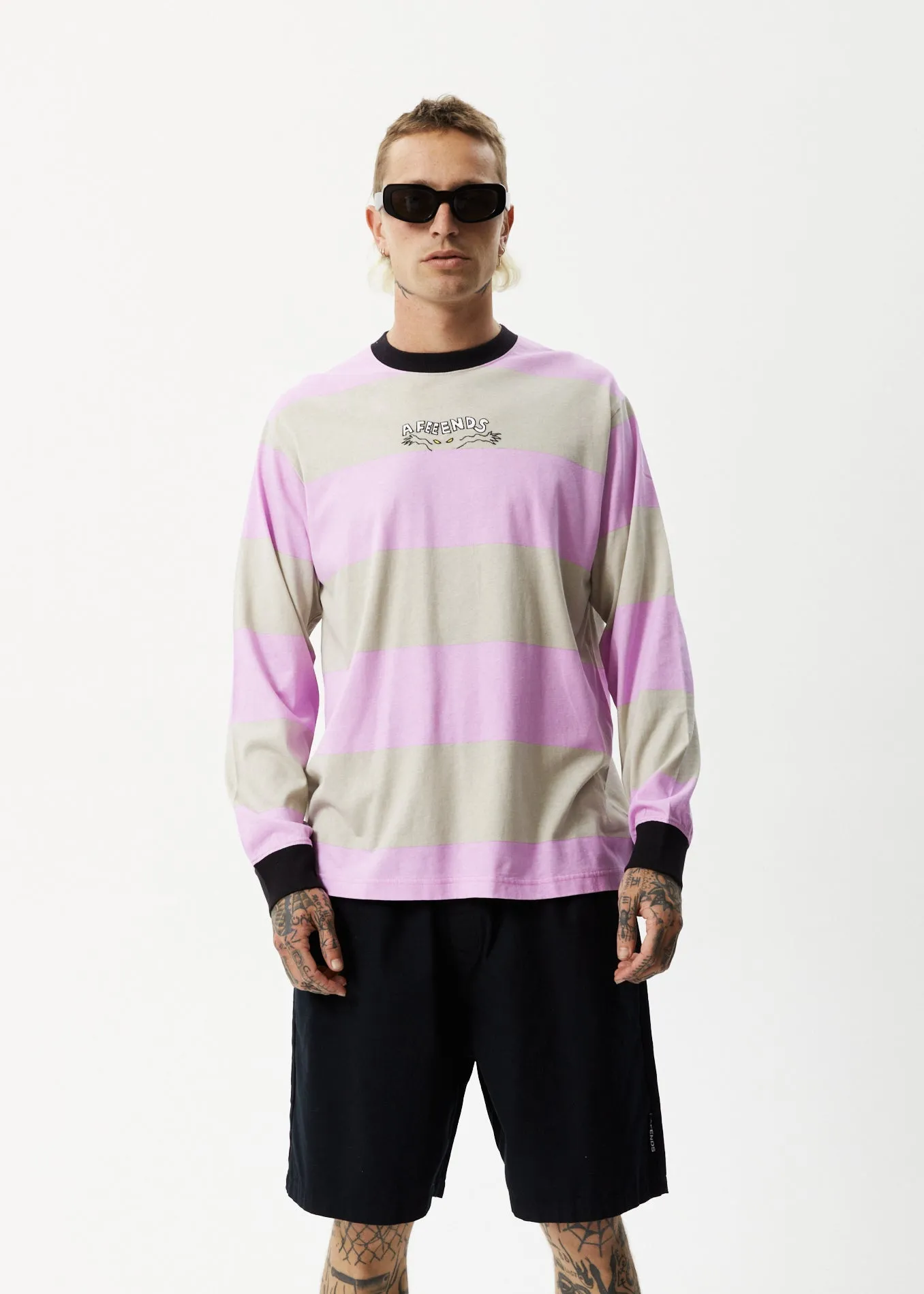 AFENDS Mens Space - Striped Long Sleeve Logo Tee - Candy Stripe sold by Afends