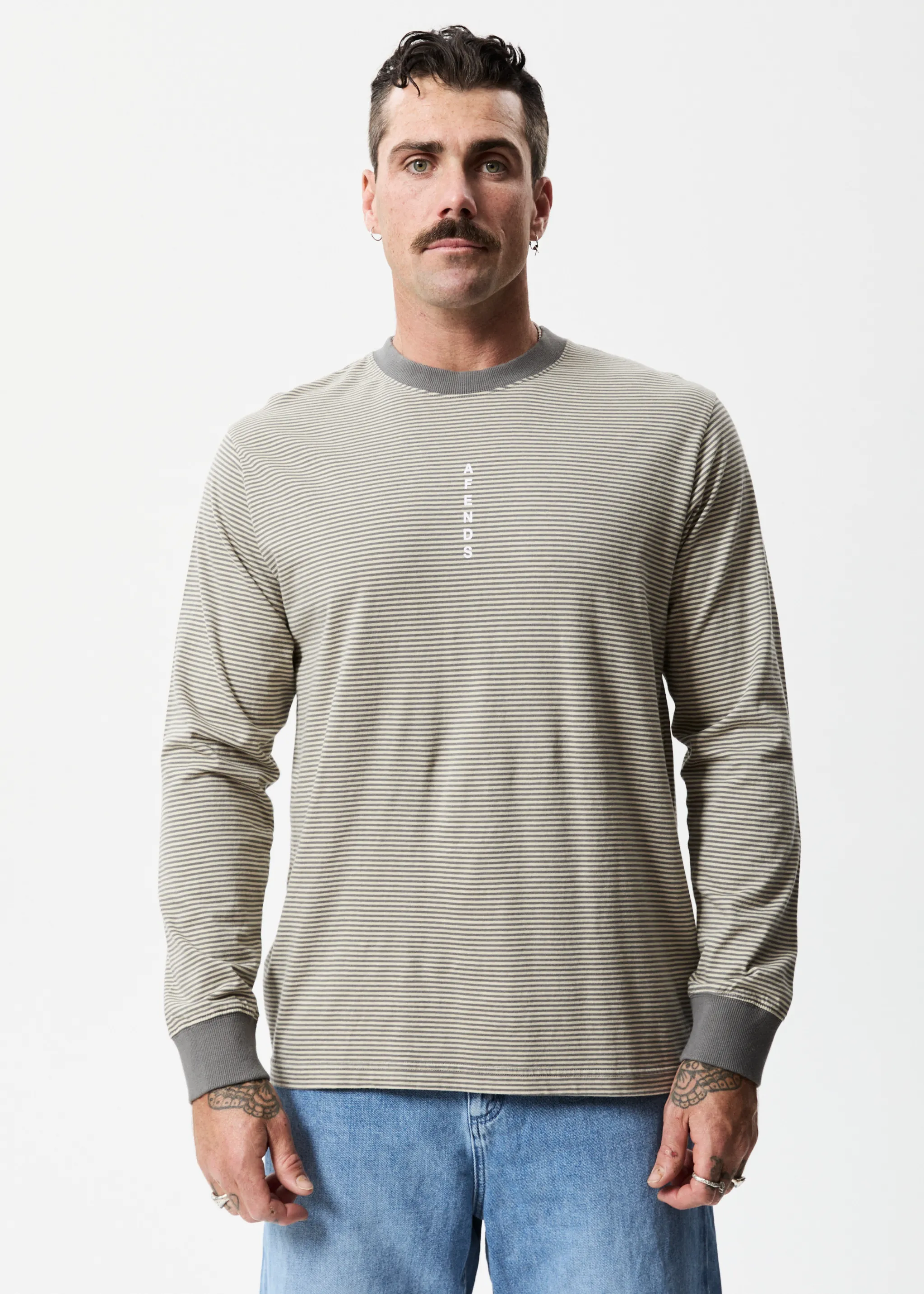 AFENDS Mens High Life - Striped Long Sleeve T-Shirt - Cement sold by Afends