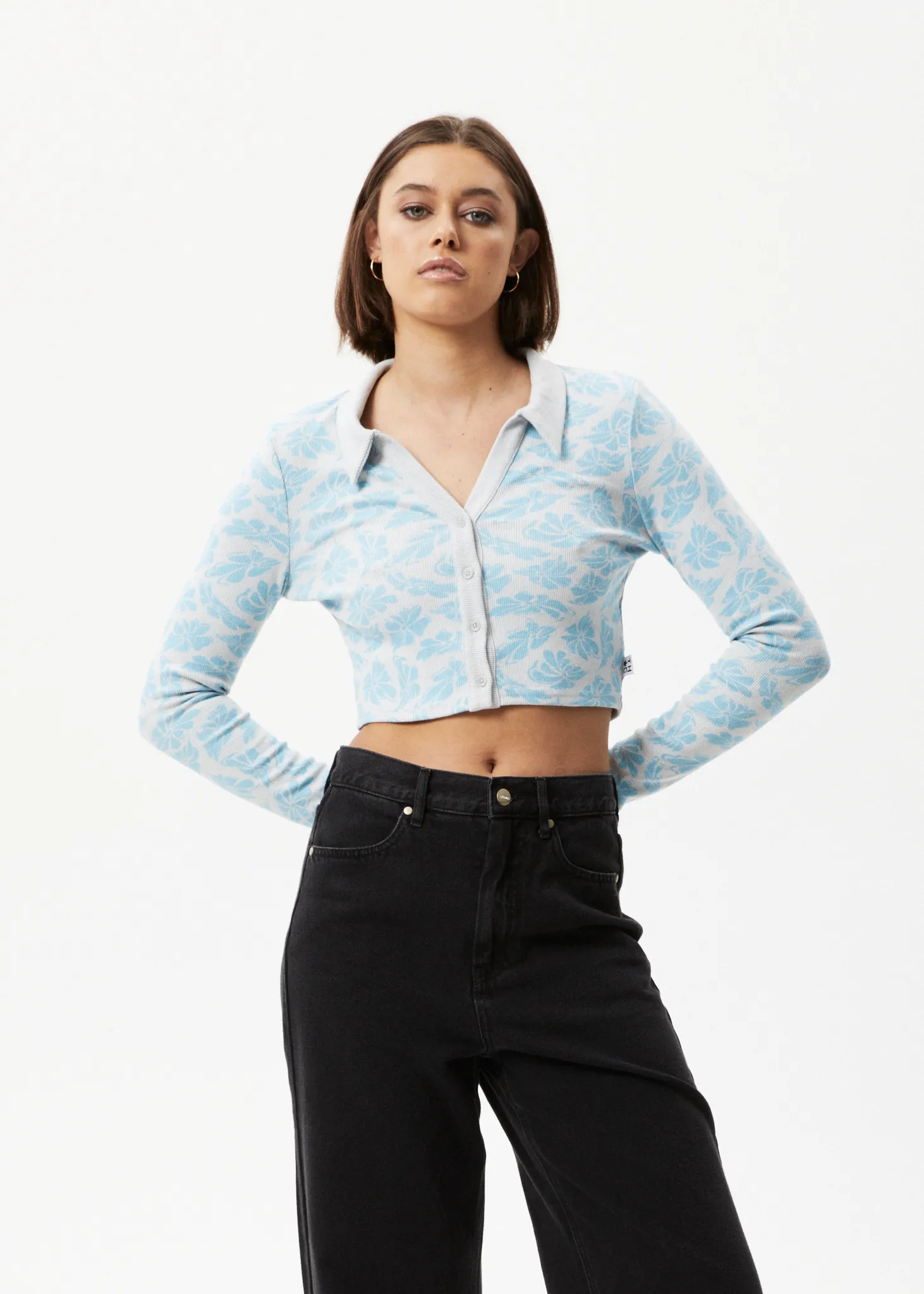 AFENDS Womens Billie - Ribbed Floral Long Sleeve Shirt - Smoke Blue sold by Afends product image thumbnail 4