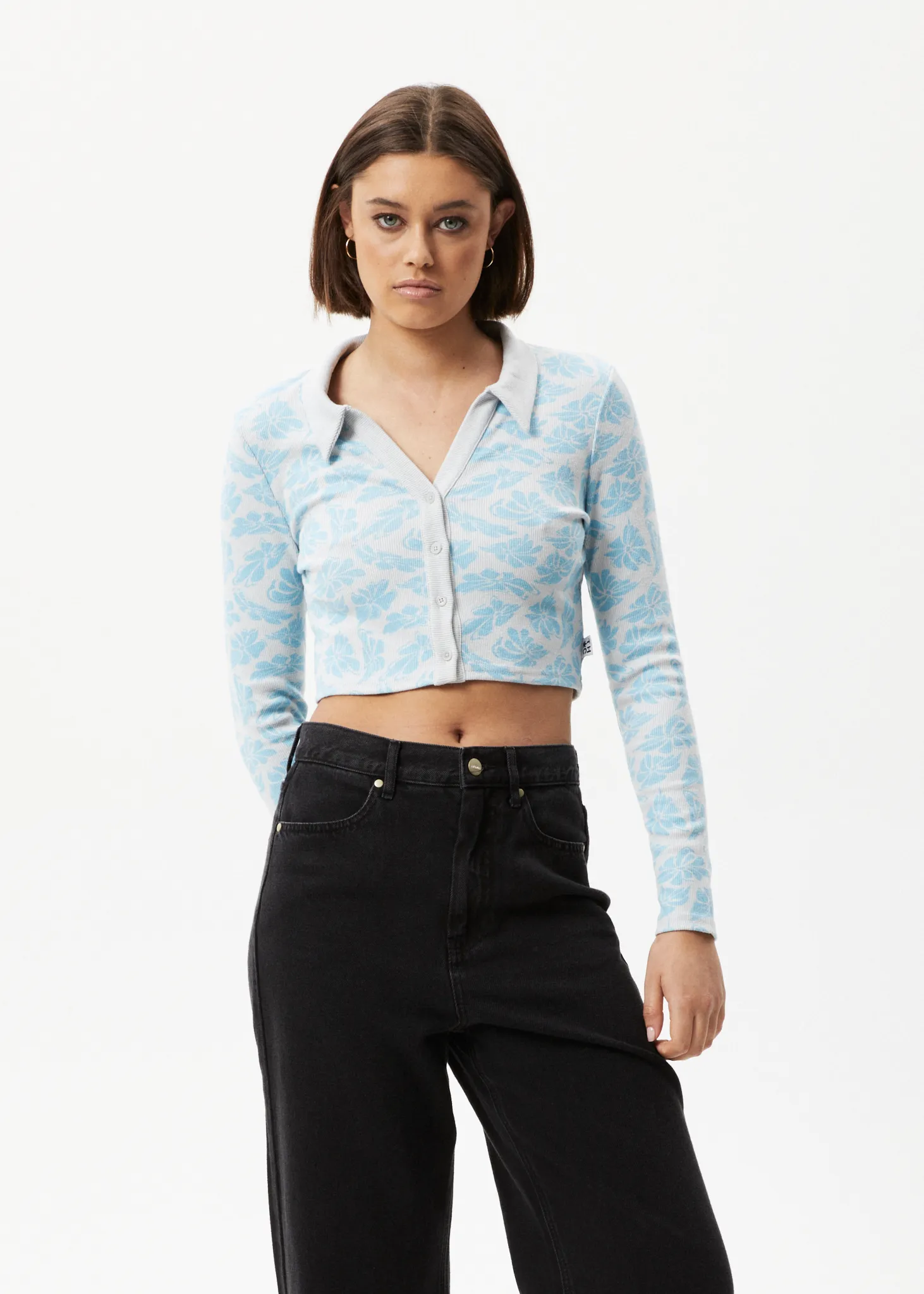 AFENDS Womens Billie - Ribbed Floral Long Sleeve Shirt - Smoke Blue sold by Afends product image thumbnail 3