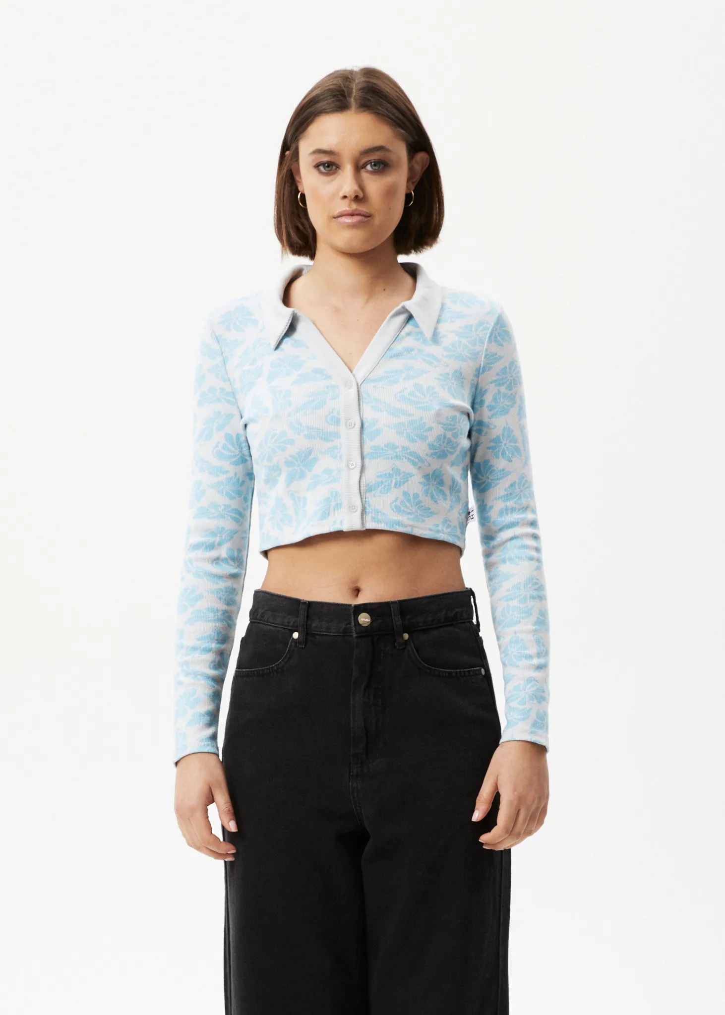 AFENDS Womens Billie - Ribbed Floral Long Sleeve Shirt - Smoke Blue sold by Afends