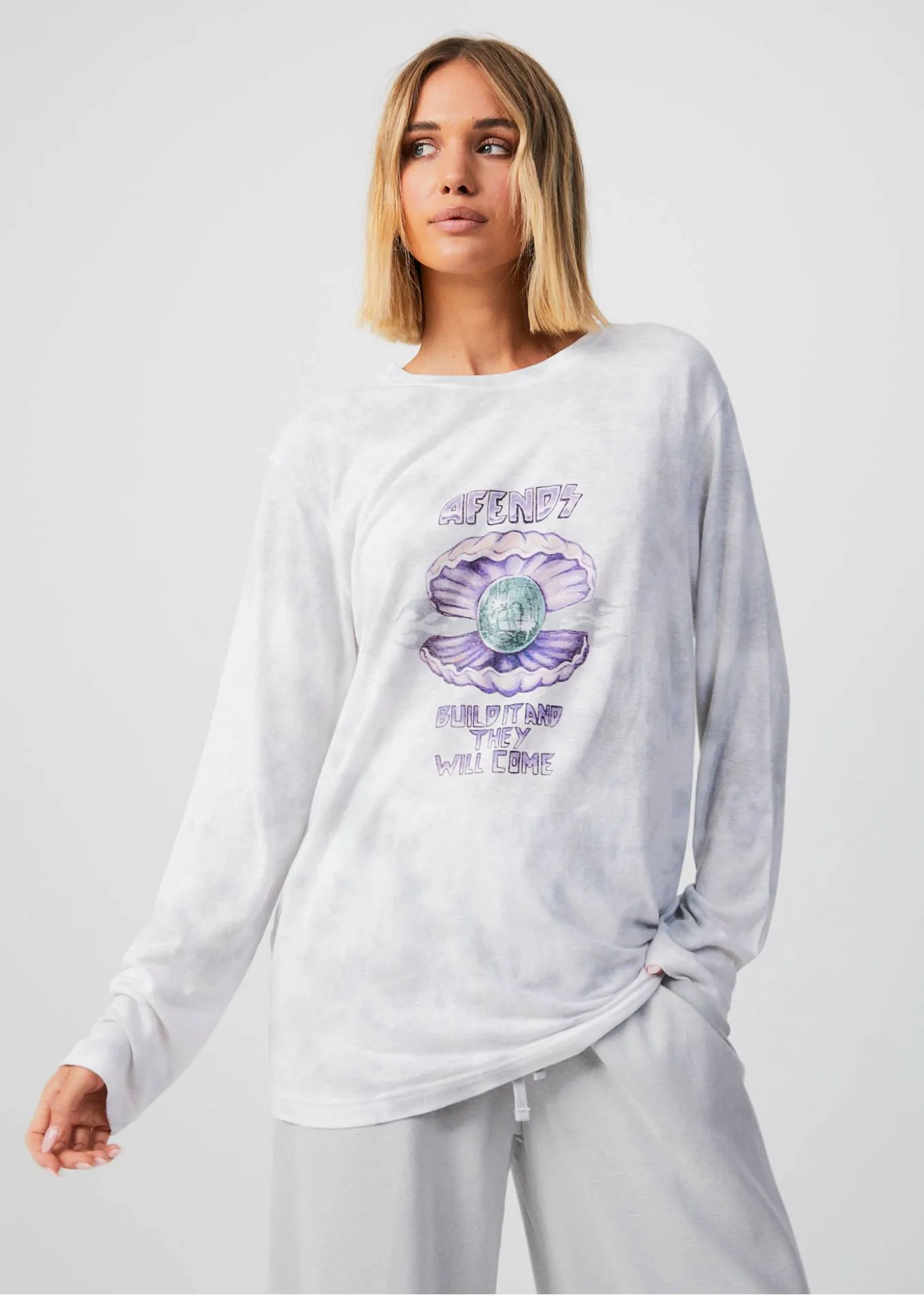 AFENDS Womens Pearla - Long Sleeve Graphic T-Shirt - Smoke Wash sold by Afends