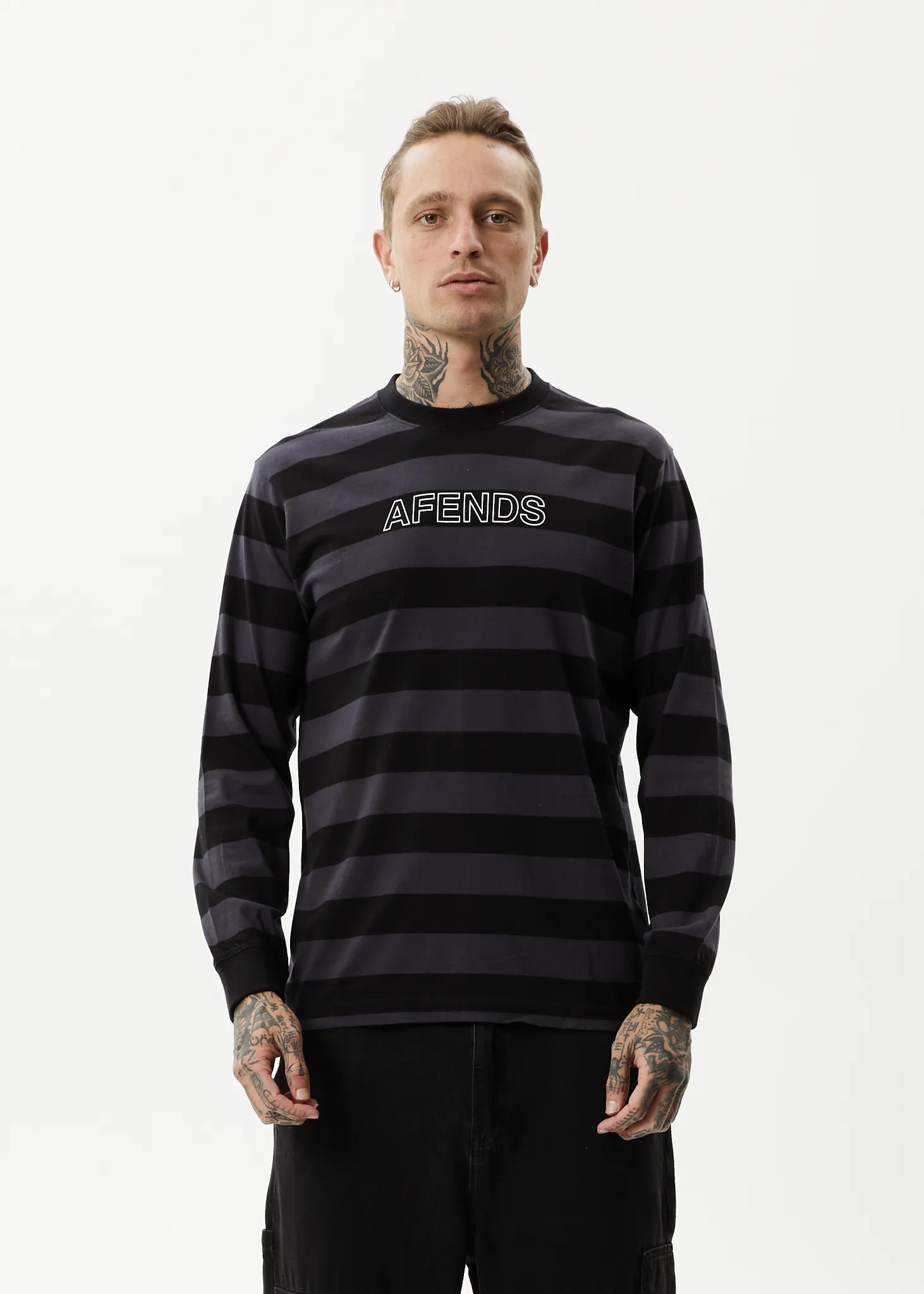 AFENDS Mens Sideline - Long Sleeve Striped T-Shirt - Black sold by Afends