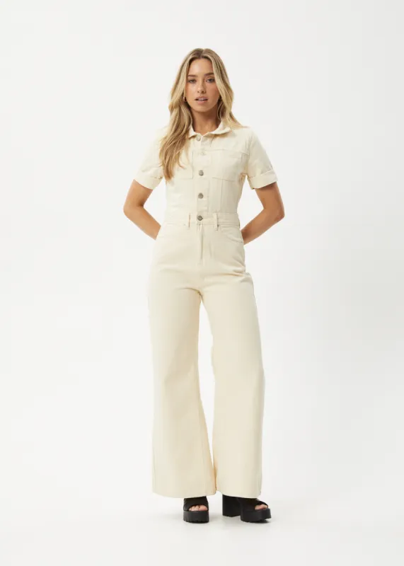 AFENDS Womens Miami - Denim Flared Jumpsuit - Sand sold by Afends