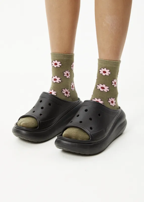 AFENDS Unisex Flower - Crew Socks - Olive sold by Afends