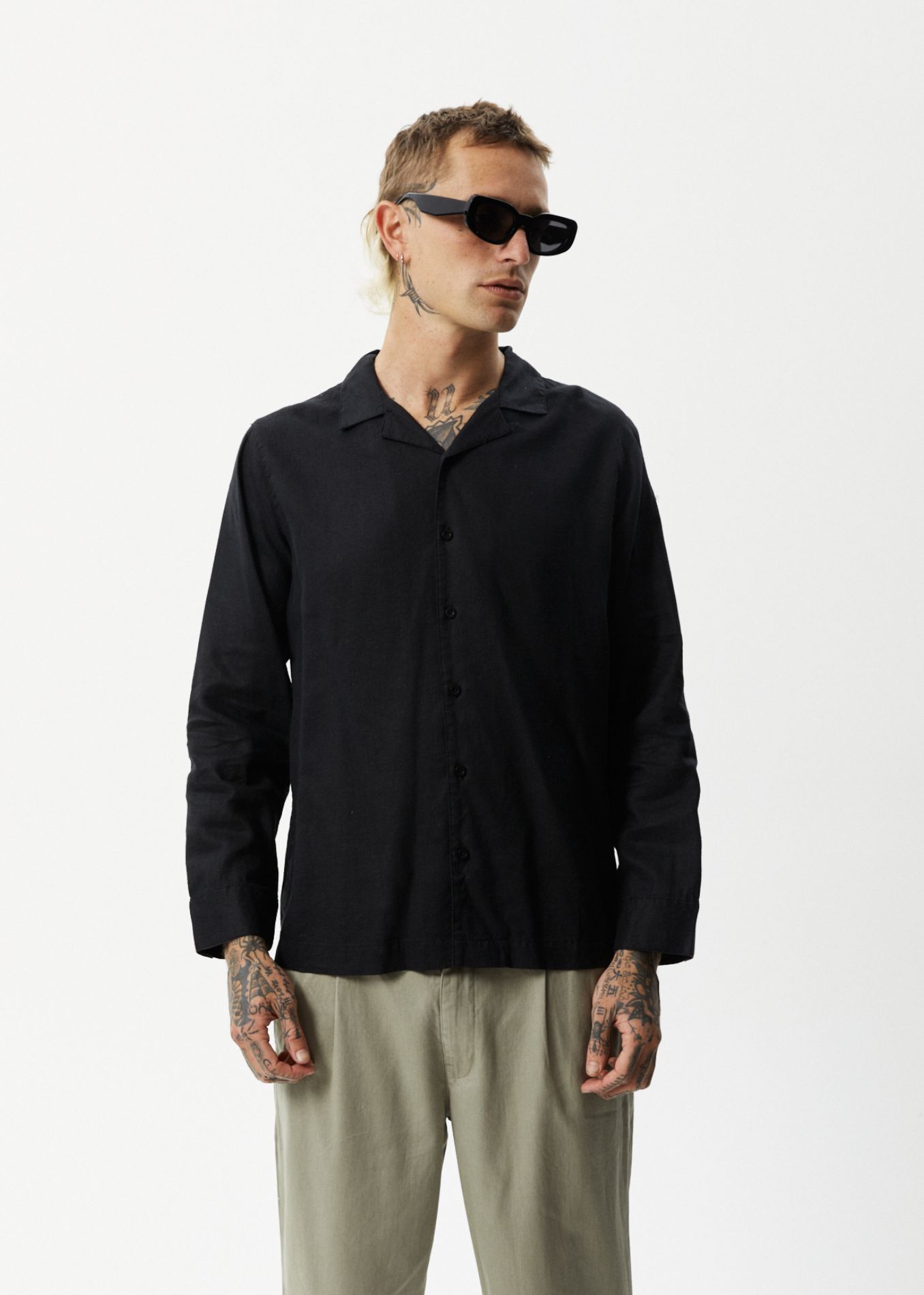 AFENDS Mens Critical - Cuban Long Sleeve Shirt - Black sold by Afends