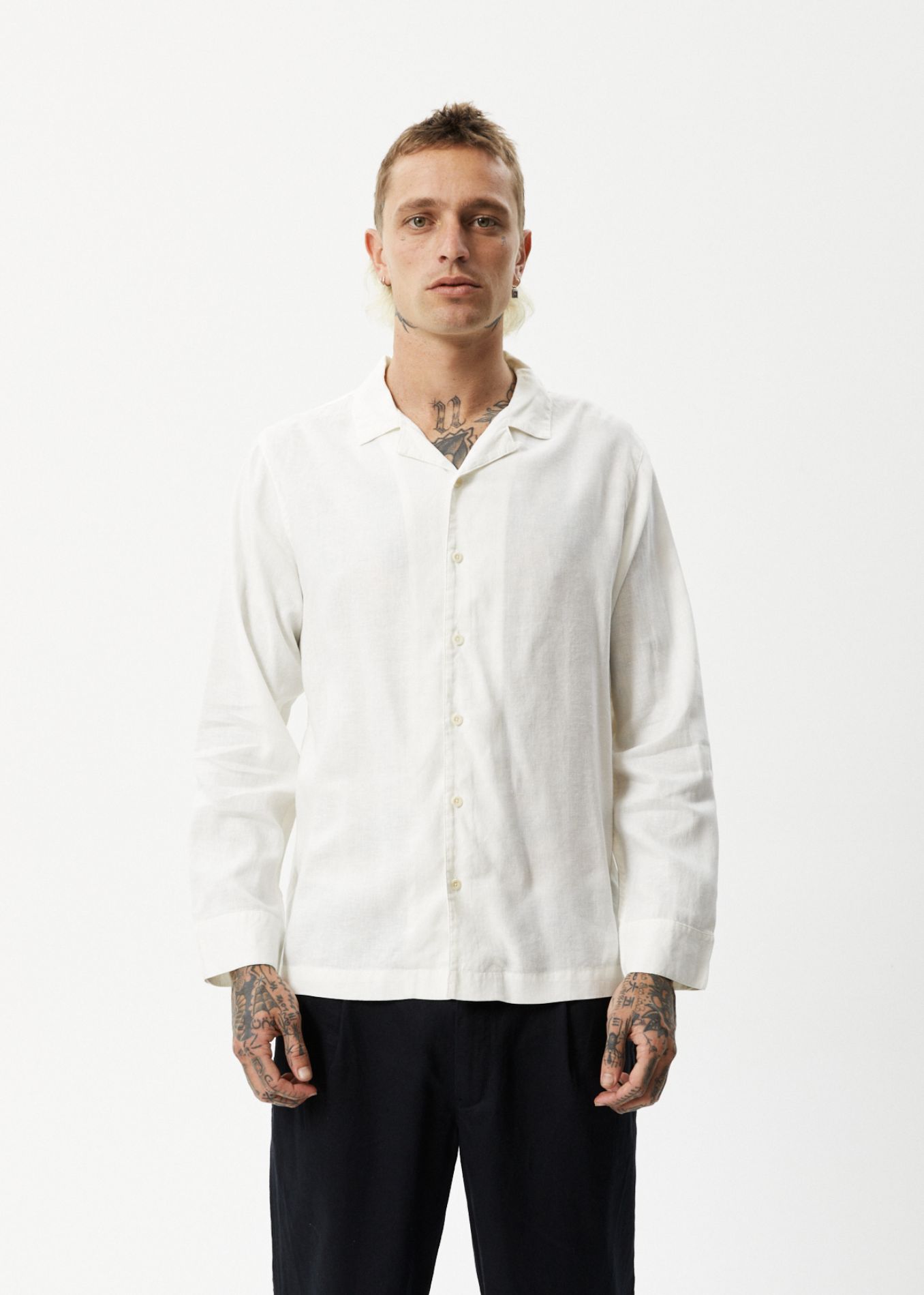 AFENDS Mens Critical - Cuban Long Sleeve Shirt - White sold by Afends