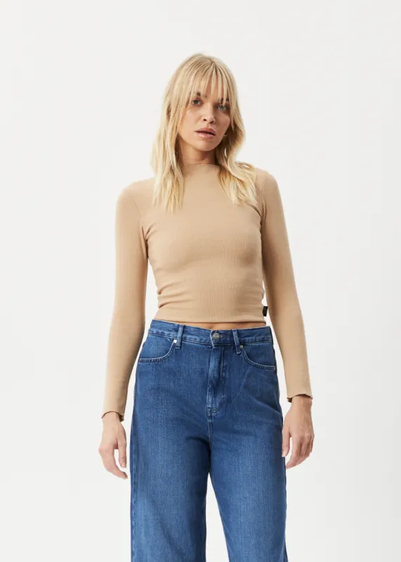 AFENDS Womens Peony - Ribbed Long Sleeve Top - Tan sold by Afends