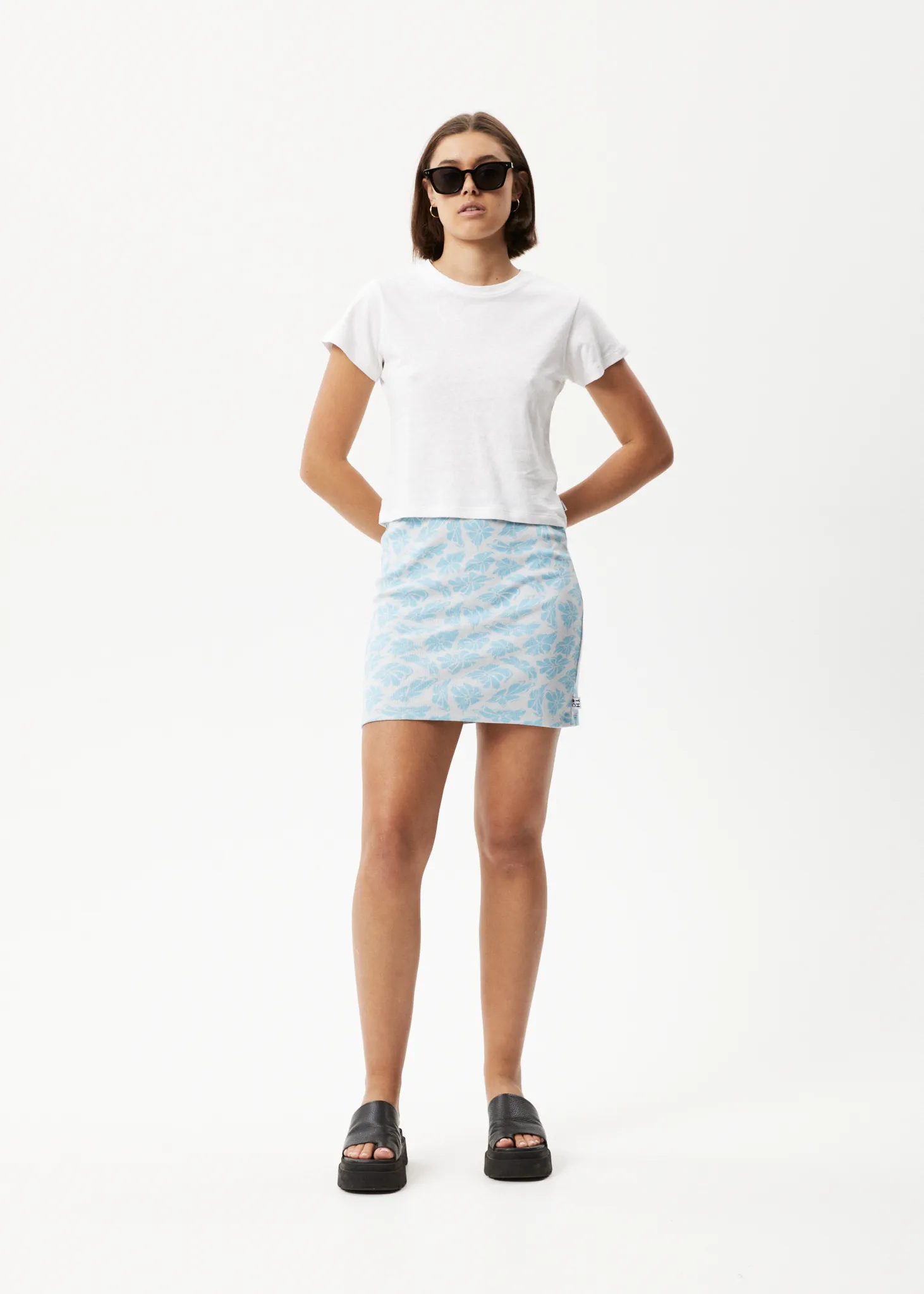 AFENDS Womens Billie - Rib Floral Mini Skirt - Smoke Blue sold by Afends
