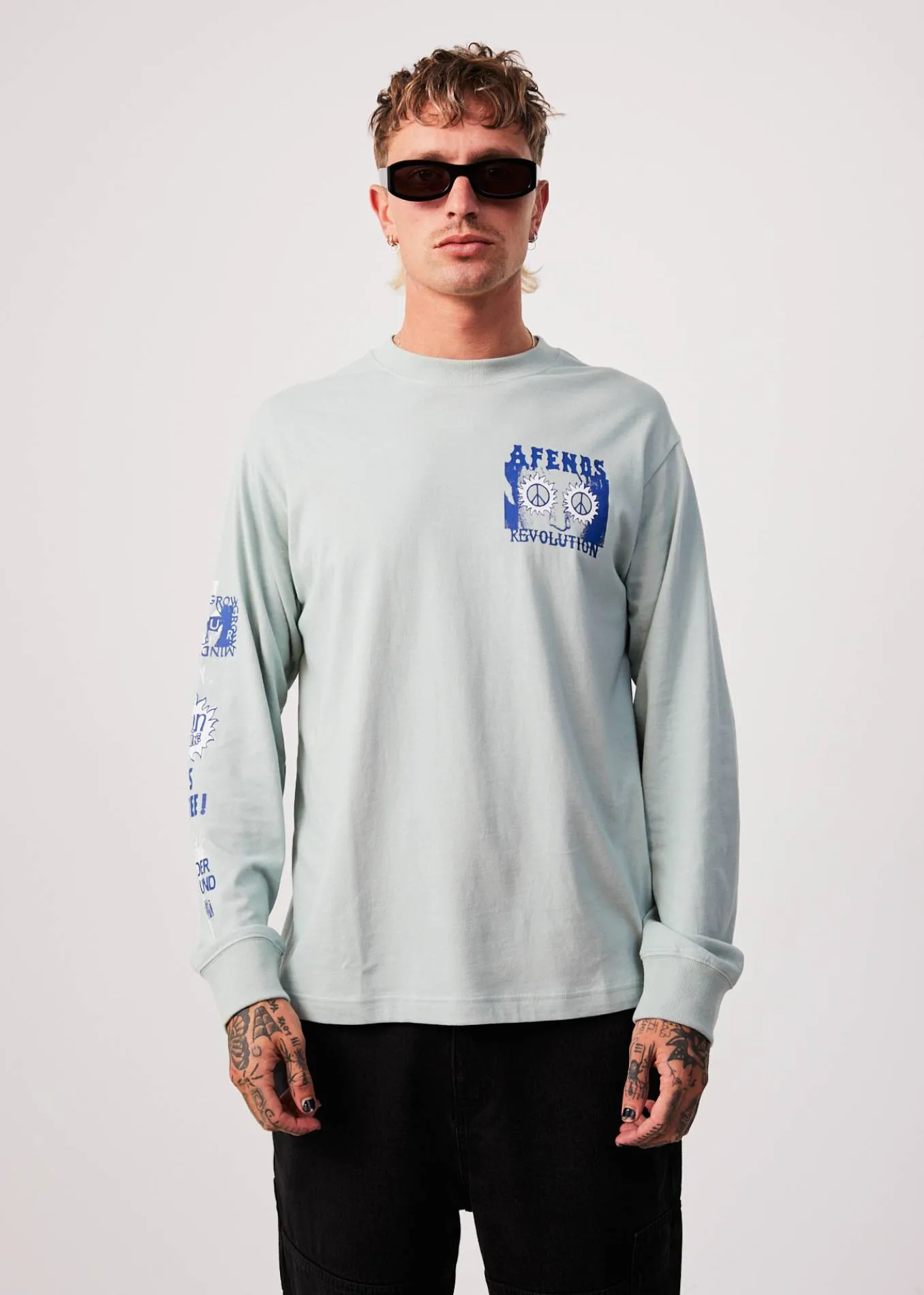 AFENDS Mens Utopia - Long Sleeve Graphic T-Shirt - Smoke Green sold by Afends