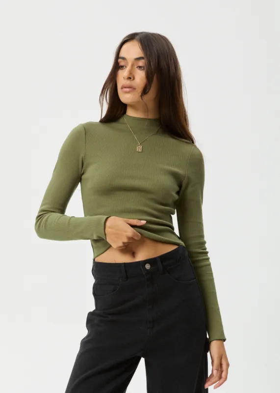 AFENDS Womens Iconic - Long Sleeve Rib Top - Military sold by Afends