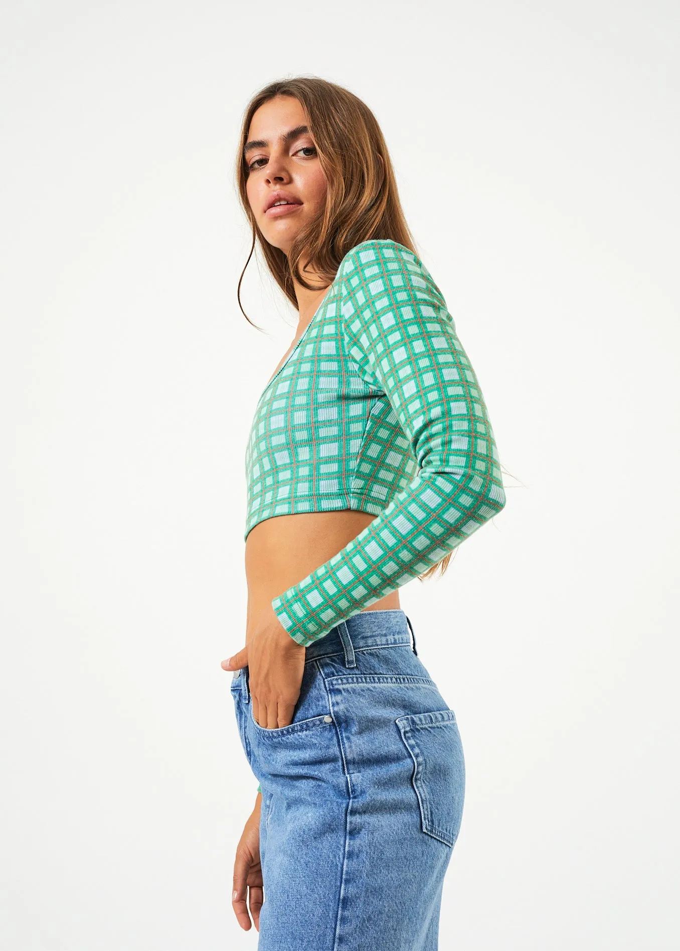 AFENDS Womens Tully - Rib Check Long Sleeve Top - Forest Check sold by Afends product image thumbnail 4