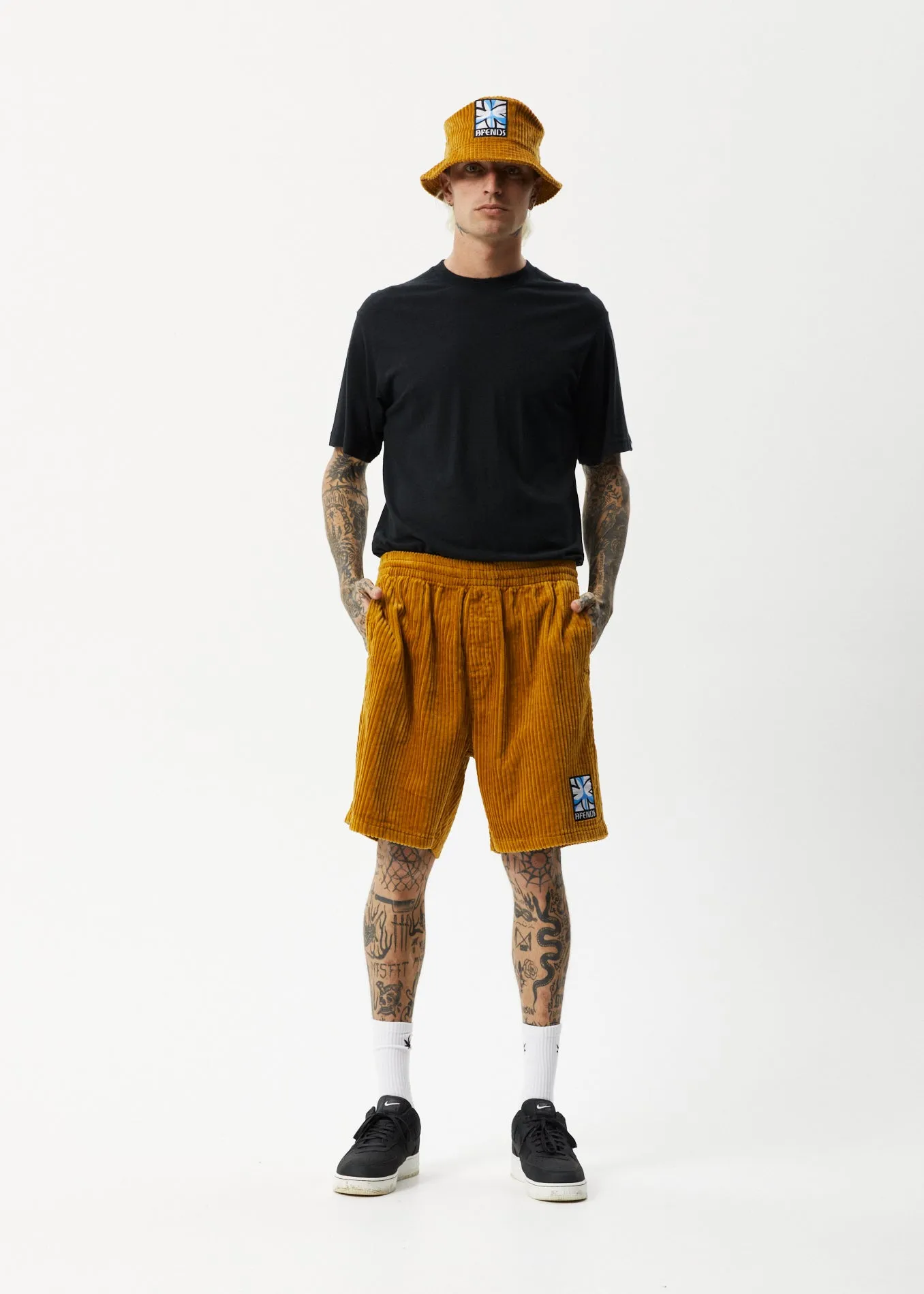AFENDS Mens Waterfall Ninety Eights - Corduroy Elastic Waist Shorts - Mustard sold by Afends
