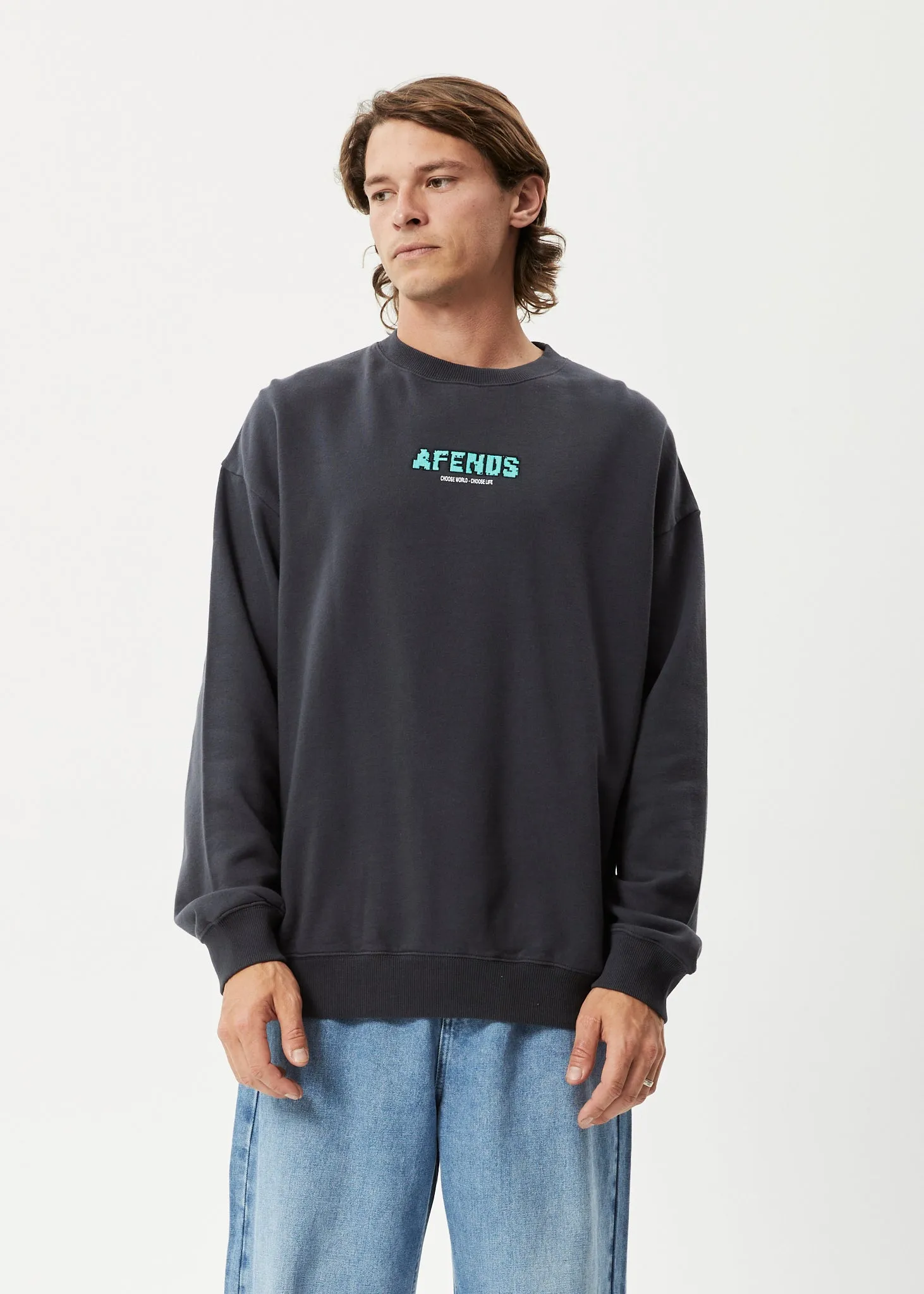 AFENDS Mens World - Crew Neck Jumper - Charcoal sold by Afends