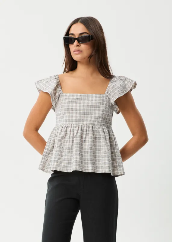 AFENDS Womens Drew - Seersucker Top - Taupe Check made by Afends