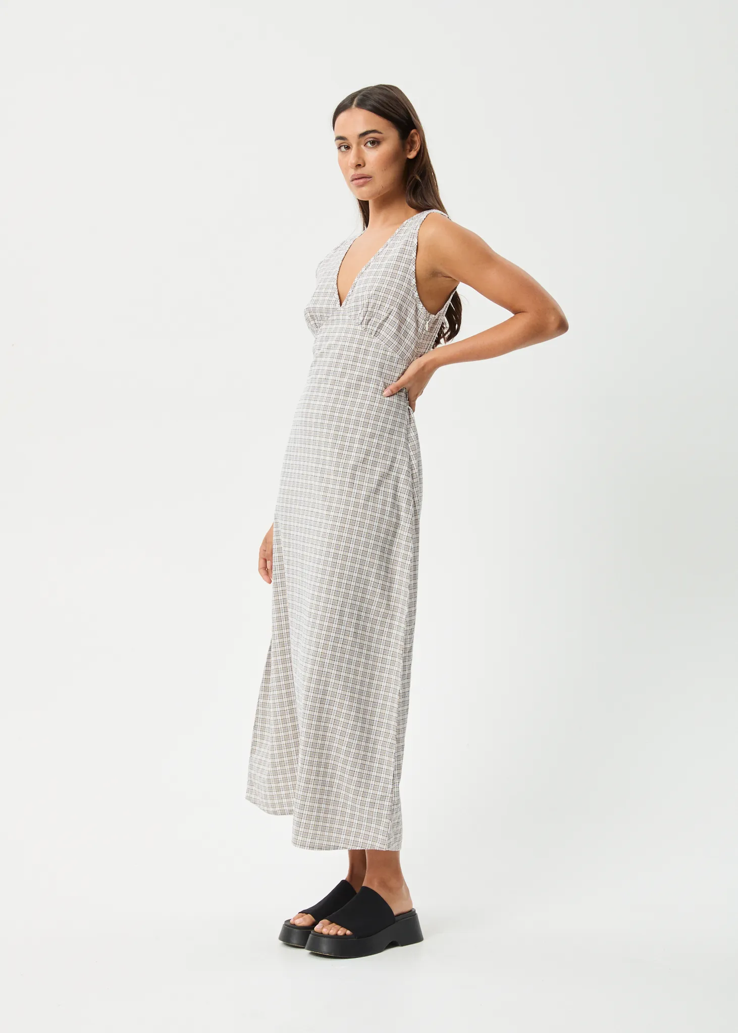 AFENDS Womens Drew - Seersucker Maxi Dress - Taupe Check sold by Afends product image thumbnail 3