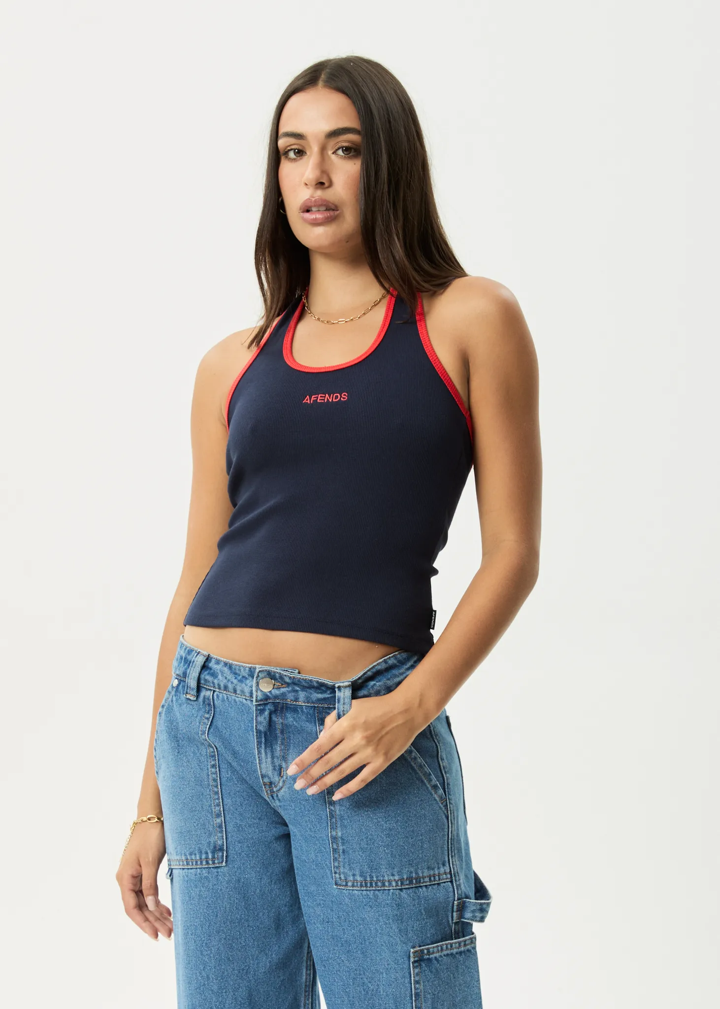 AFENDS Womens Basis - Rib Halter - Navy / tomato sold by Afends