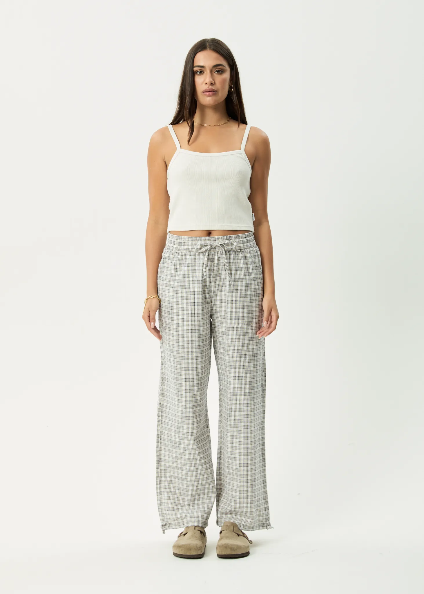 AFENDS Womens Drew - Seersucker Wide Leg Pant - Taupe Check sold by Afends