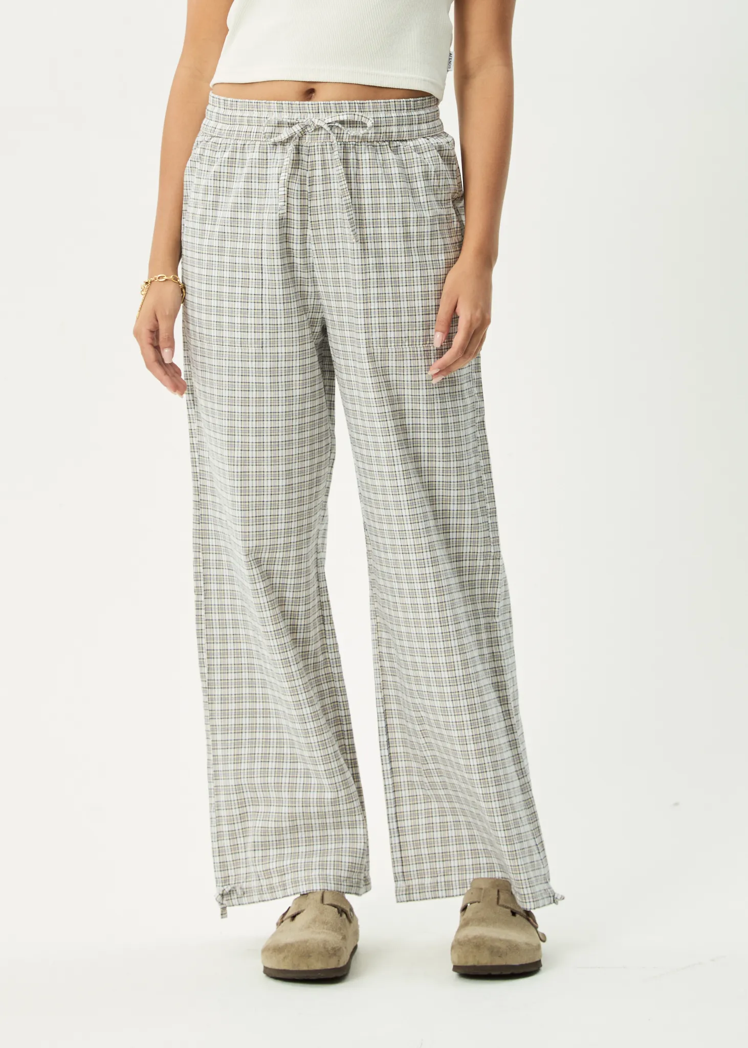AFENDS Womens Drew - Seersucker Wide Leg Pant - Taupe Check sold by Afends product image thumbnail 2