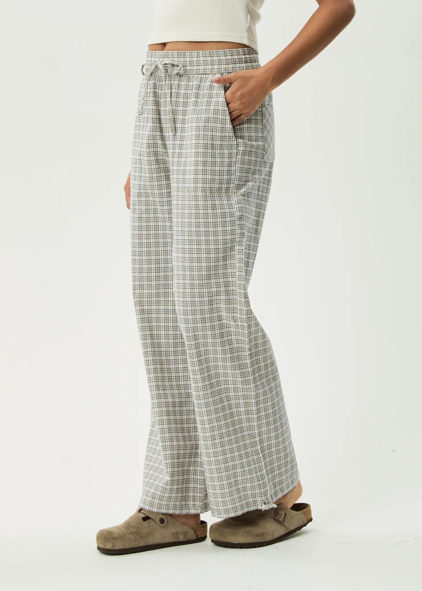 AFENDS Womens Drew - Seersucker Wide Leg Pant - Taupe Check sold by Afends product image thumbnail 3