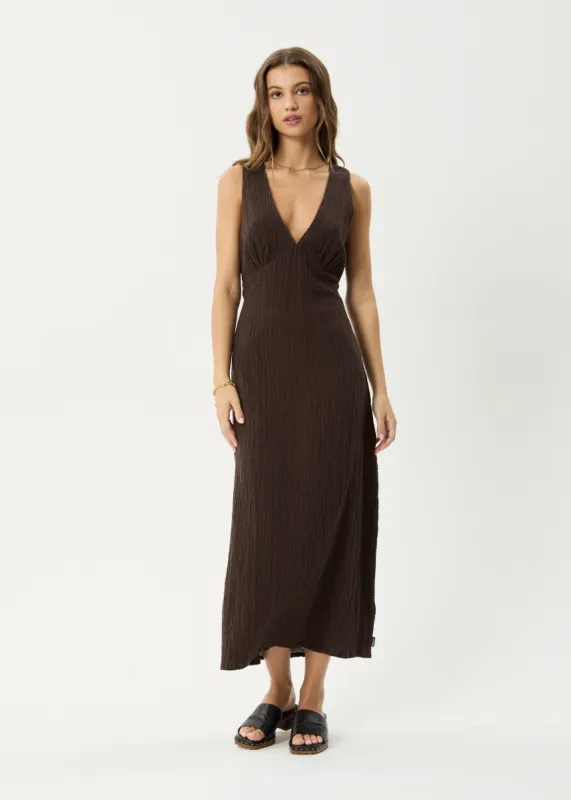 AFENDS Womens Focus - Seersucker Maxi Dress - Coffee sold by Afends