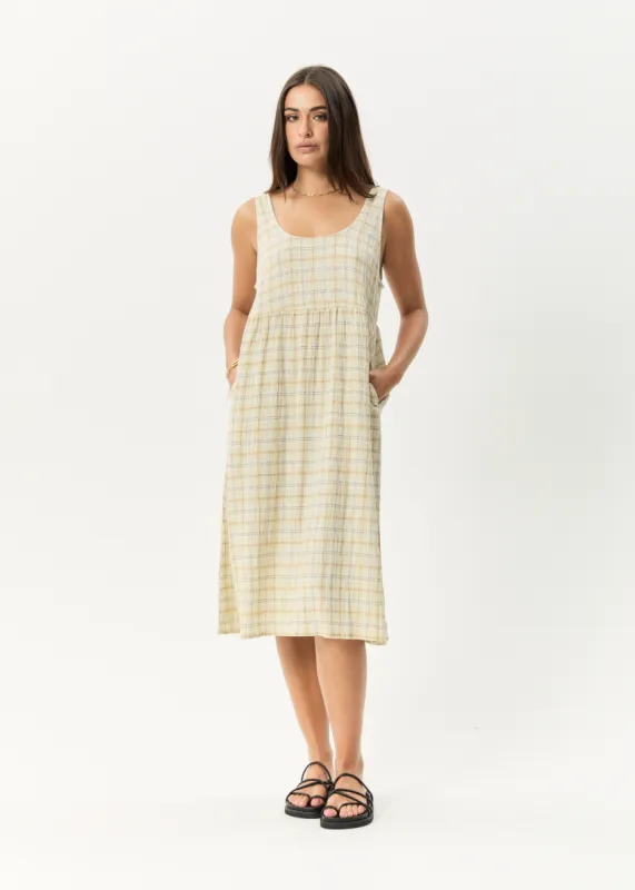 AFENDS Womens Position - Seersucker Midi Dress - Tan Check sold by Afends