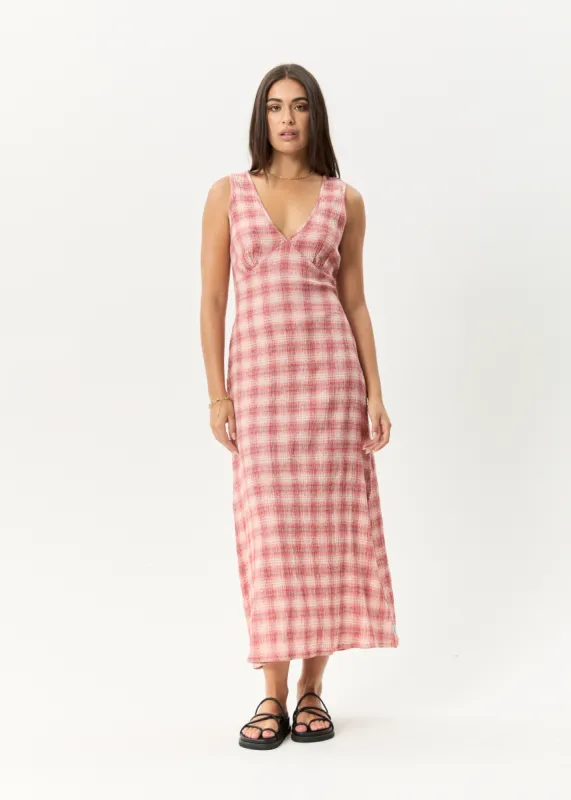 AFENDS Womens Position Tully - Seersucker Maxi Dress - Red Check made by Afends