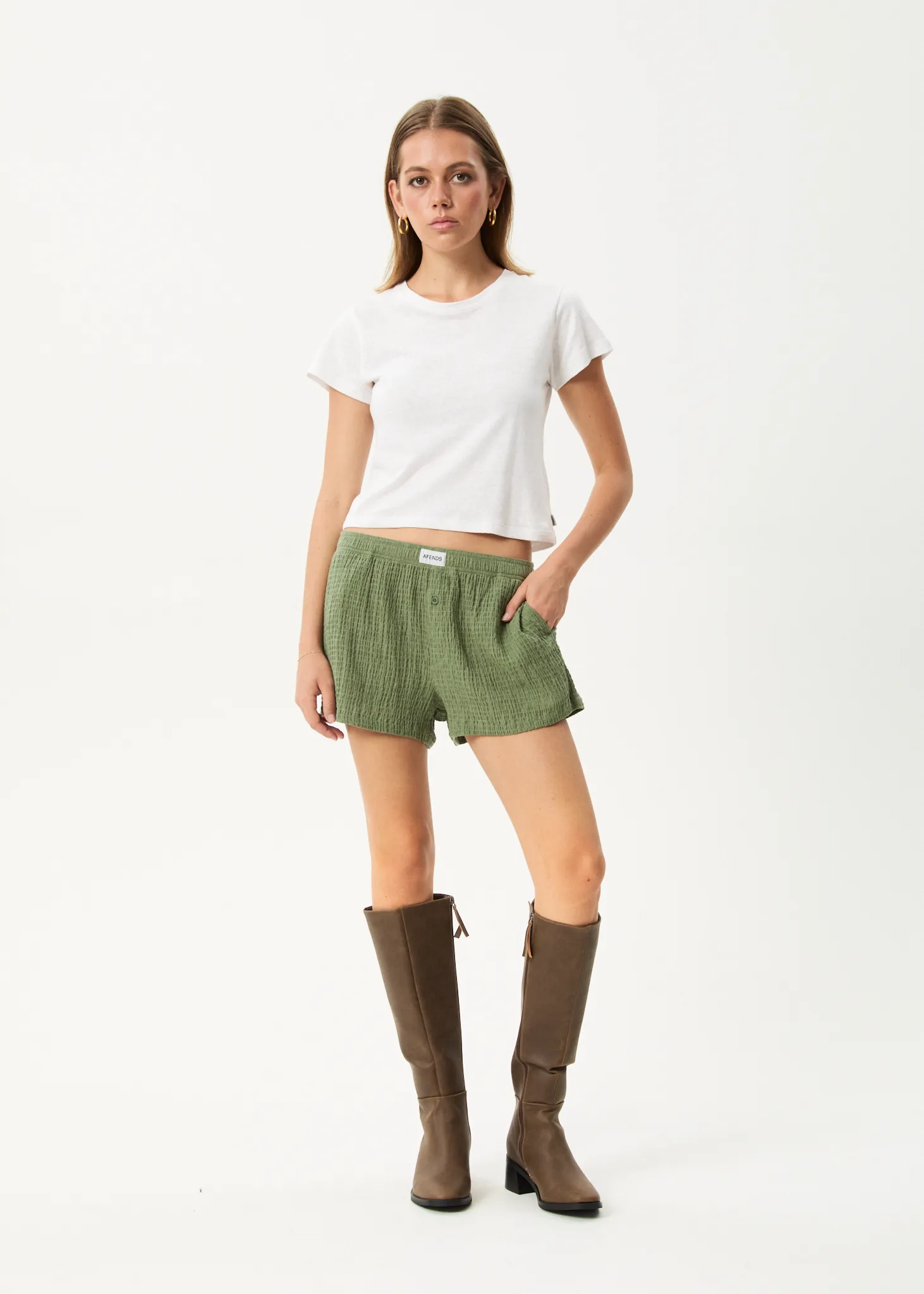 AFENDS Womens Focus - Seersucker Boxer Short - Oil Green sold by Afends