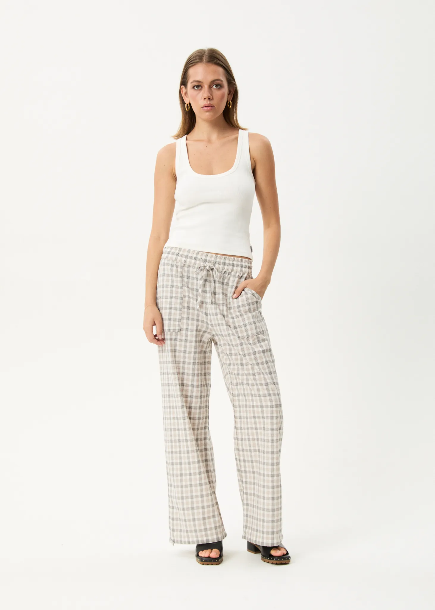AFENDS Womens Leo - Seersucker Wide Leg Pant - Coffee / White sold by Afends