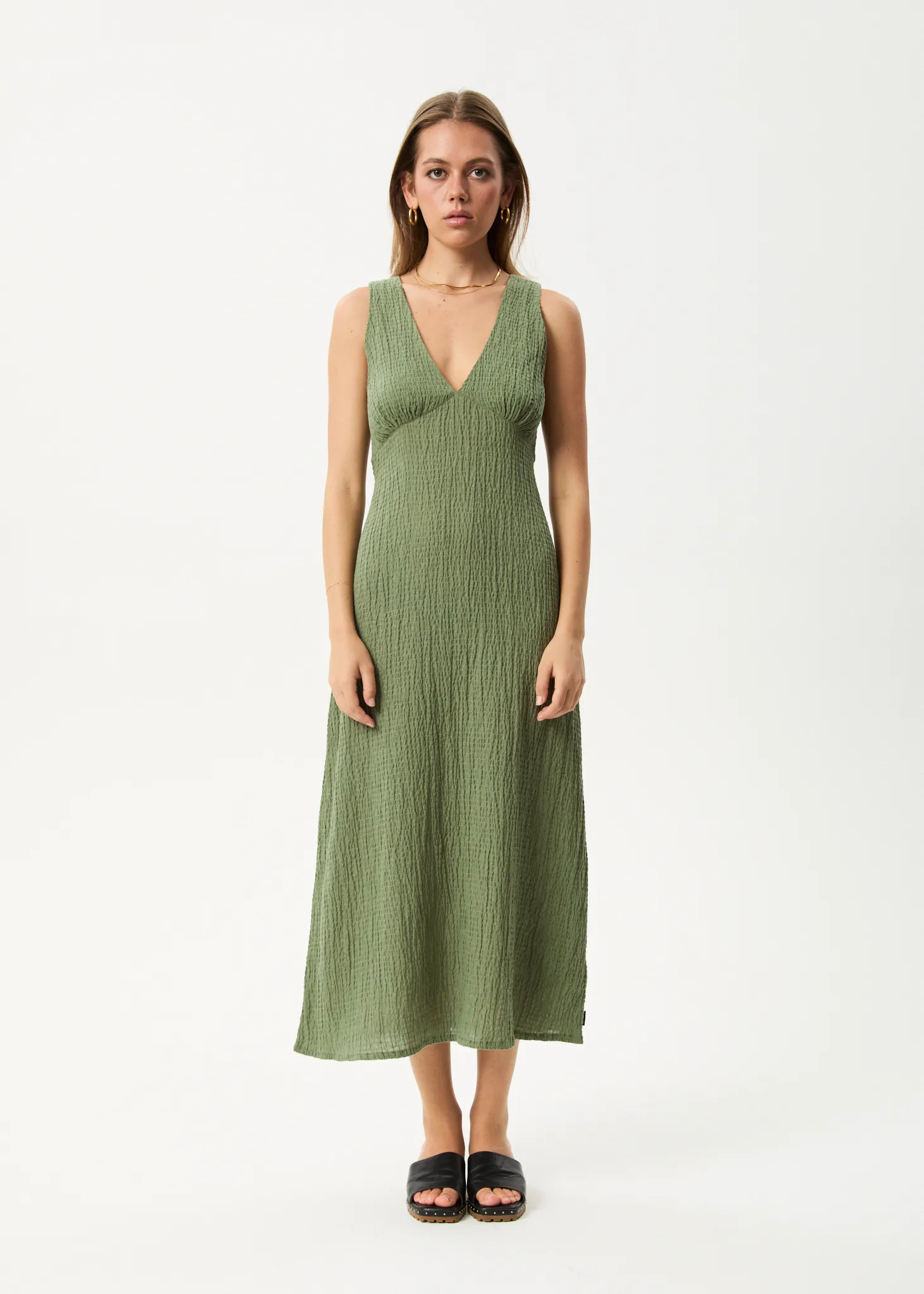 AFENDS Womens Focus - Seersucker Maxi Dress - Oil Green sold by Afends