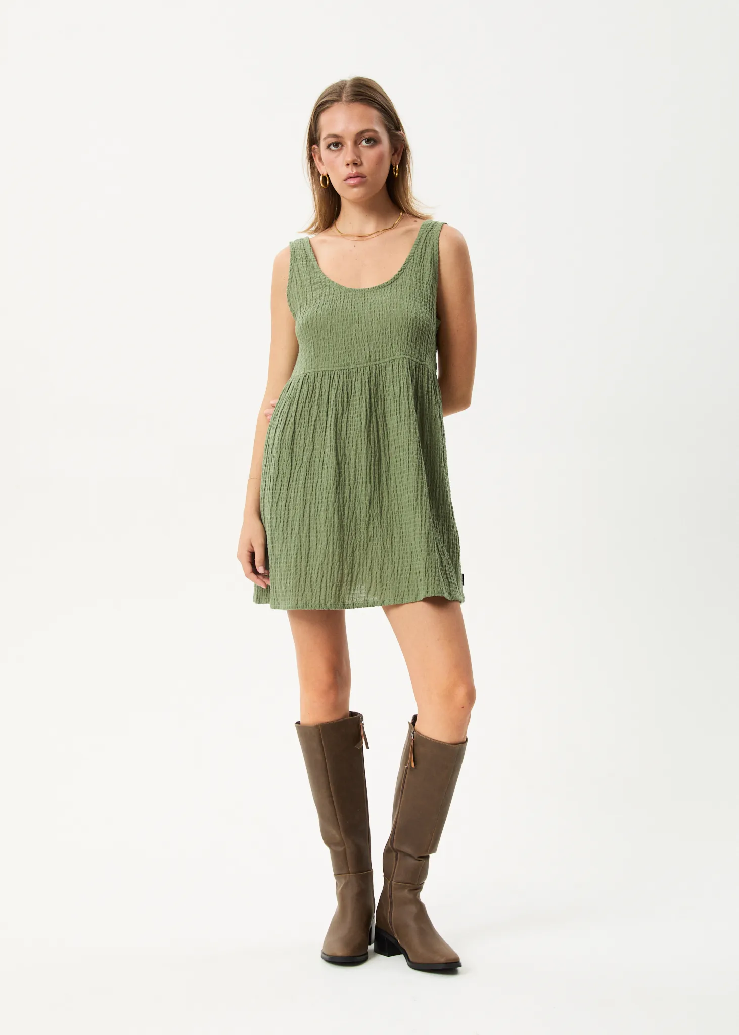 AFENDS Womens Focus Jesse - Seersucker Mini Dress - Oil Green sold by Afends