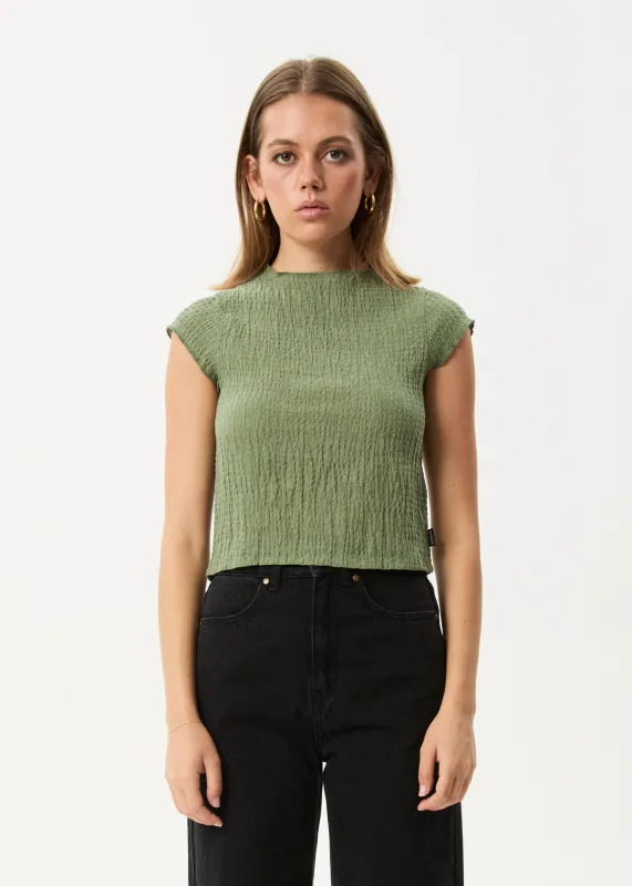 AFENDS Womens Focus - Seersucker Mock Neck Top - Oil Green sold by Afends