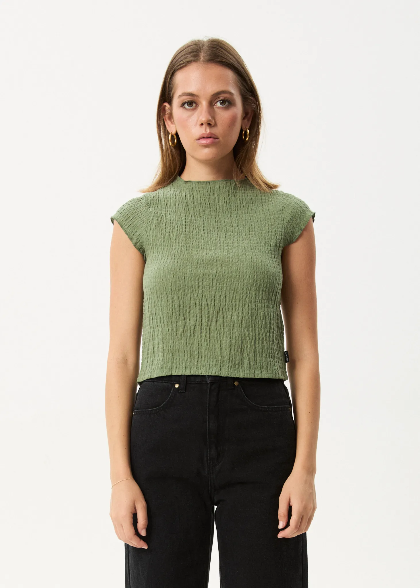 AFENDS Womens Focus - Seersucker Mock Neck Top - Oil Green sold by Afends