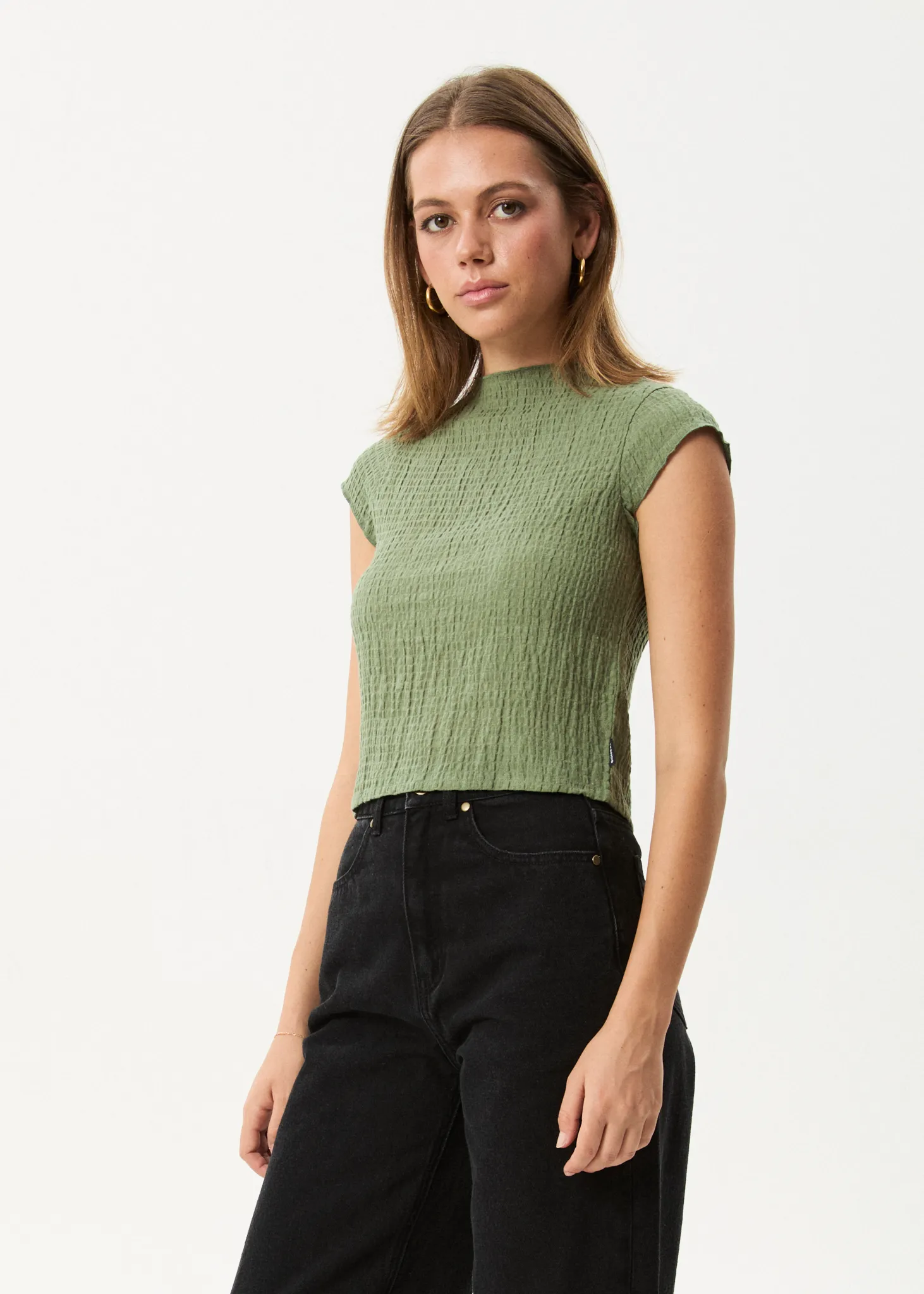 AFENDS Womens Focus - Seersucker Mock Neck Top - Oil Green sold by Afends product image thumbnail 3