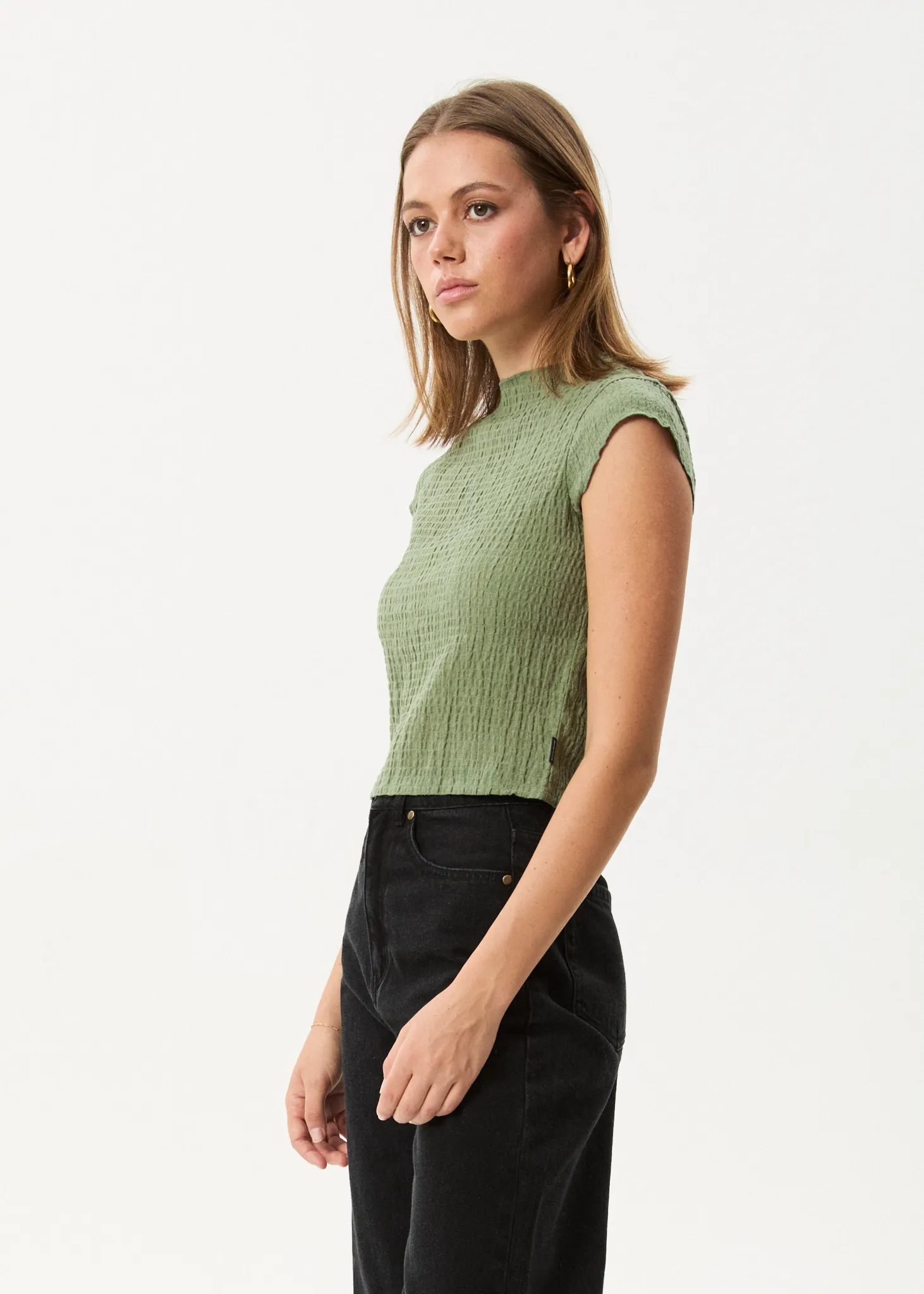 AFENDS Womens Focus - Seersucker Mock Neck Top - Oil Green sold by Afends product image thumbnail 4