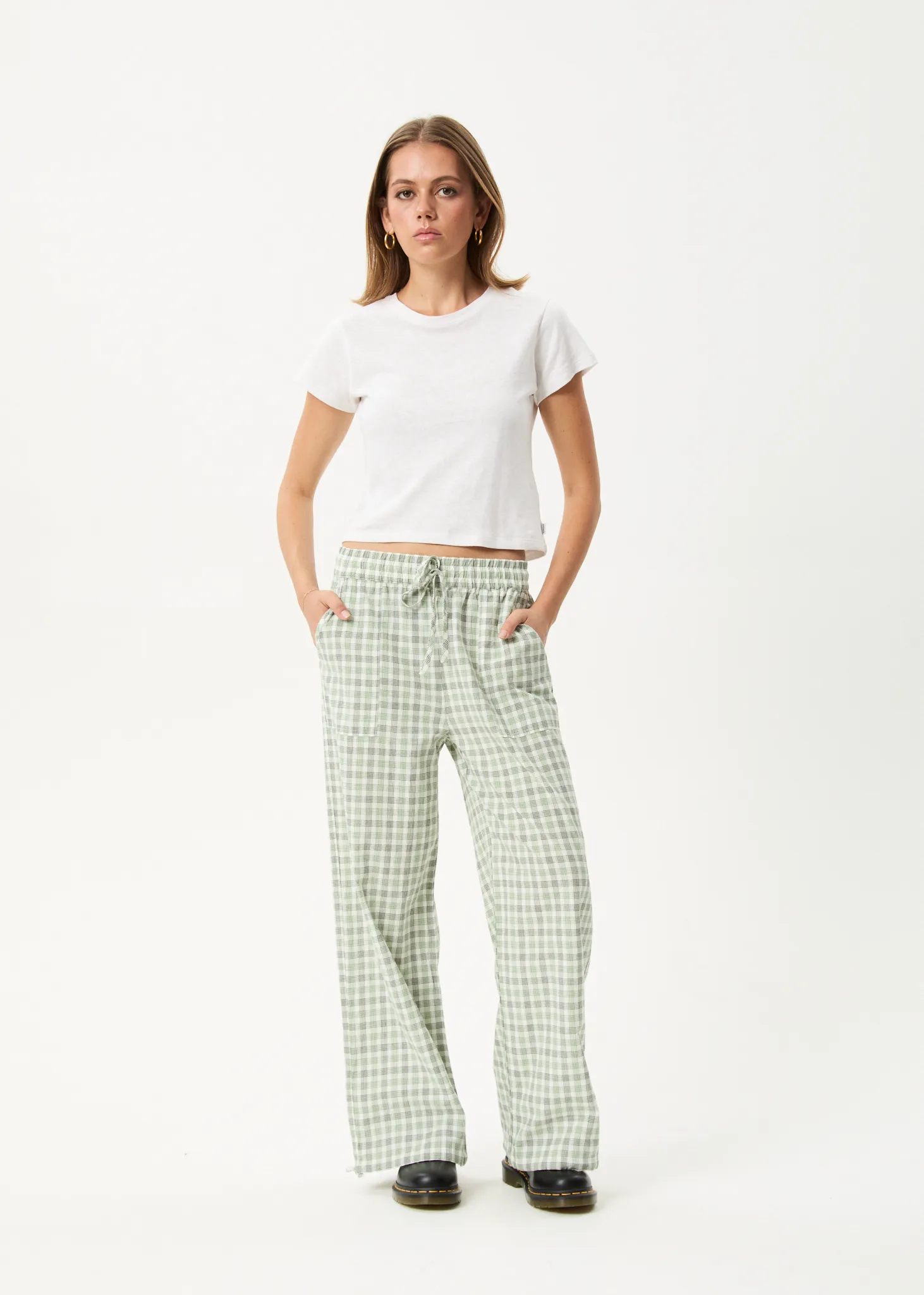 AFENDS Womens Leo - Seersucker Wide Leg Pant - Green / White sold by Afends