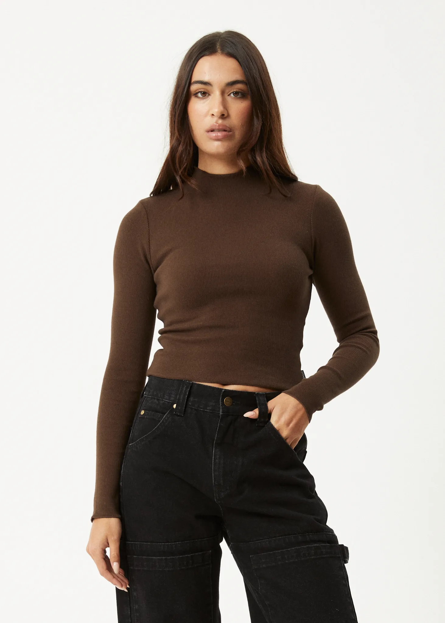 AFENDS Womens Iconic - Long Sleeve Rib Top - Coffee sold by Afends