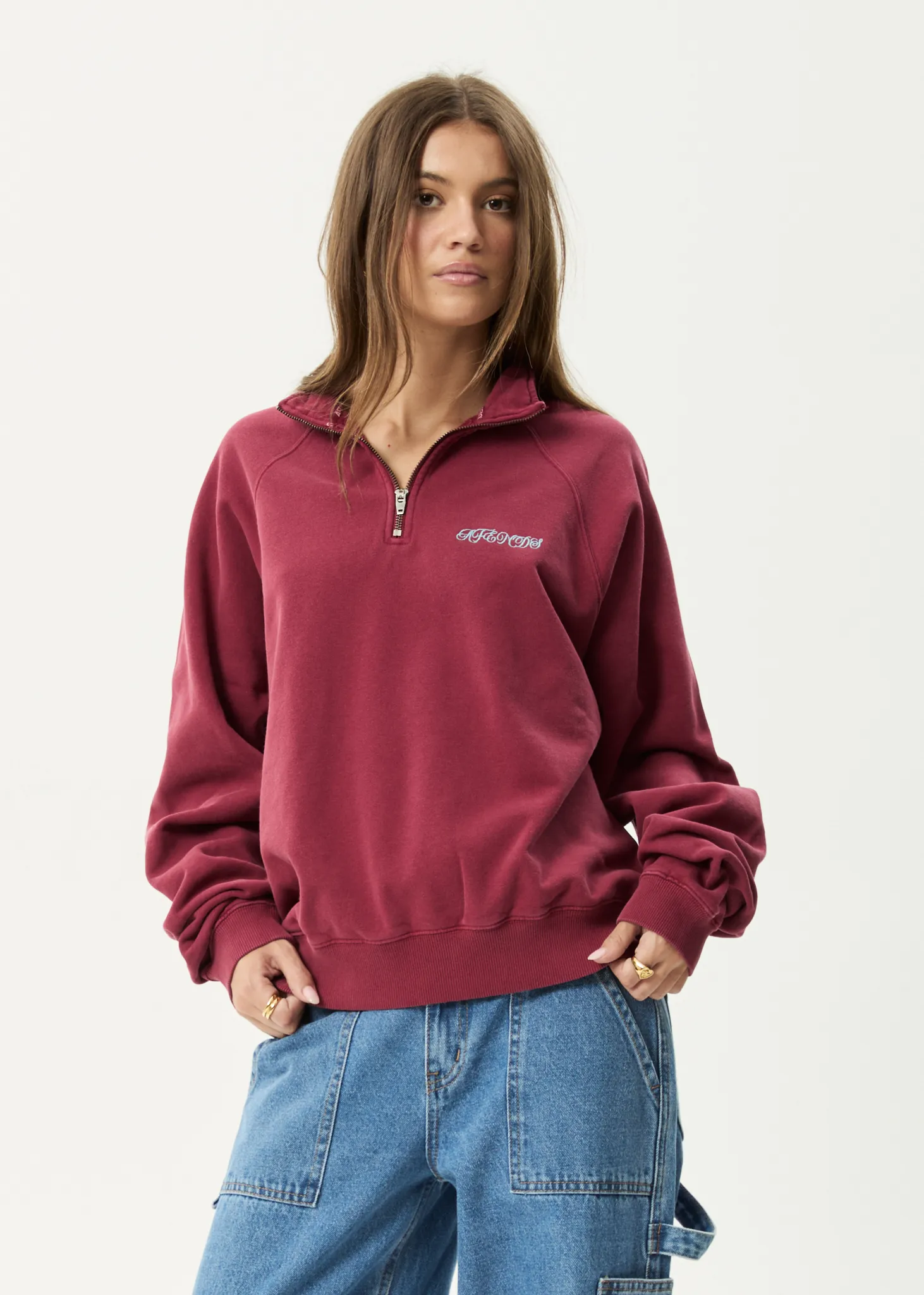 AFENDS Mens Quartz Zip - Raglan Quarter Zip Crew - Washed Burgundy sold by Afends product image thumbnail 2