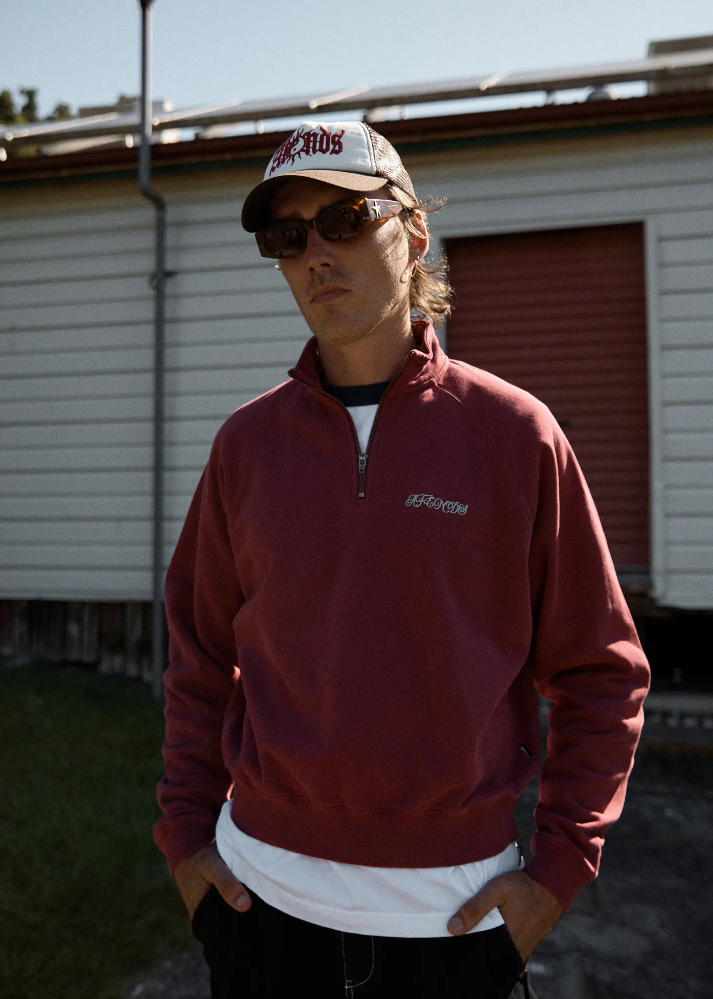 AFENDS Mens Quartz Zip - Raglan Quarter Zip Crew - Washed Burgundy sold by Afends product image thumbnail 3