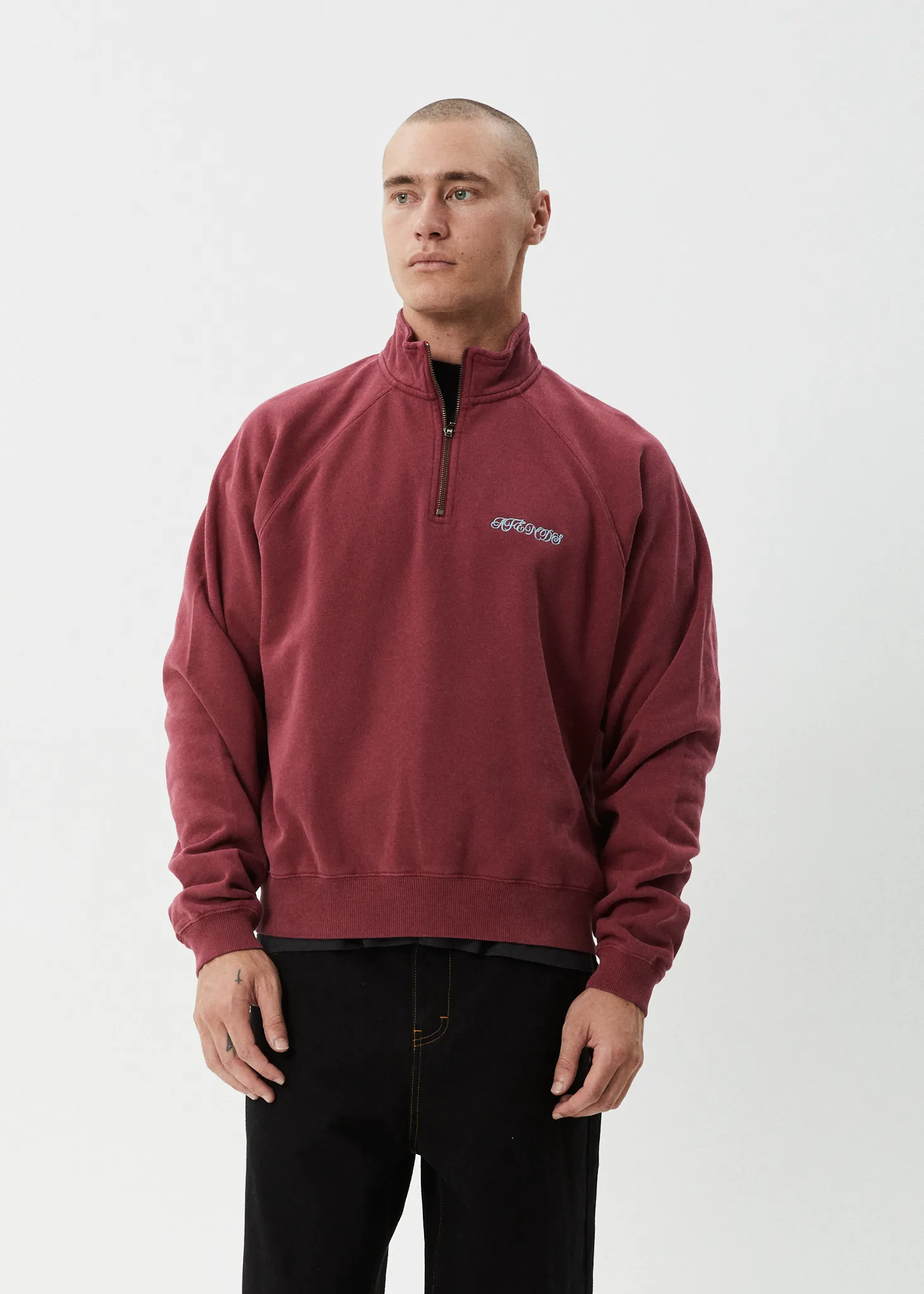 AFENDS Mens Quartz Zip - Raglan Quarter Zip Crew - Washed Burgundy sold by Afends product image thumbnail 5