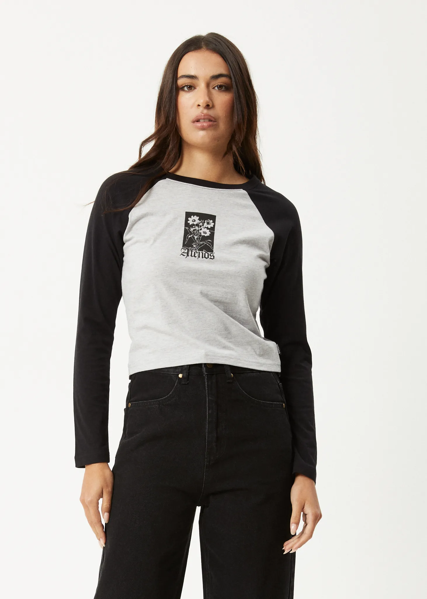 AFENDS Womens Adele - Long Sleeve Raglan Tee - Black / Grey Marle sold by Afends